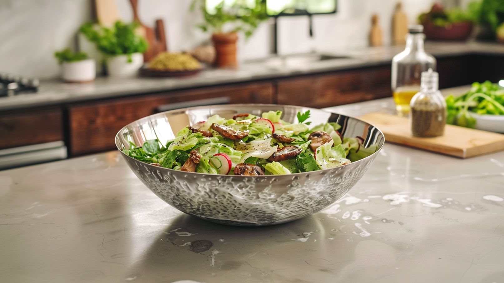 Eine große Schüssel mit frischem Salat, bestehend aus grünem Blattgemüse, Radieschen und gebratenen Champignons. Der Salat ist mit Öl und Gewürzen beträufelt und steht auf einer modernen Küchentheke in einem hellen Raum.