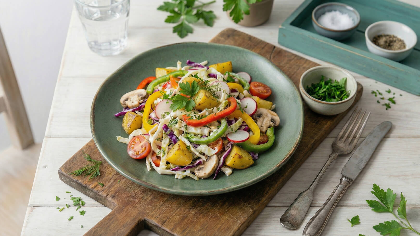 Ein buntes Gemüsesalat auf einem grünen Teller. Der Salat enthält Kartoffelstücke, rote und grüne Paprika, Radieschen, Champignons, Kirschtomaten und Weißkohl. Frische Kräuter sind zum Garnieren verwendet. Der Teller steht auf einem Holzbrett neben Besteck und einem kleinen Schälchen mit frischen Kräutern.