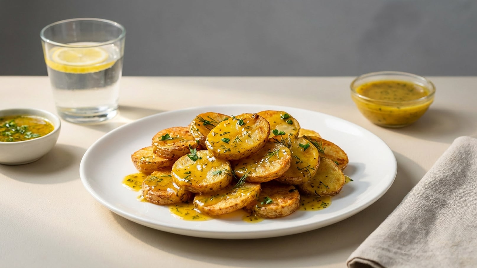 Ein Teller mit gebratenen Kartoffelscheiben, garniert mit frischen Kräutern und einer goldenen Sauce. Neben dem Teller befindet sich eine kleine Schüssel mit einer weiteren Sauce. Im Hintergrund steht ein Glas Wasser mit Zitronenscheiben.