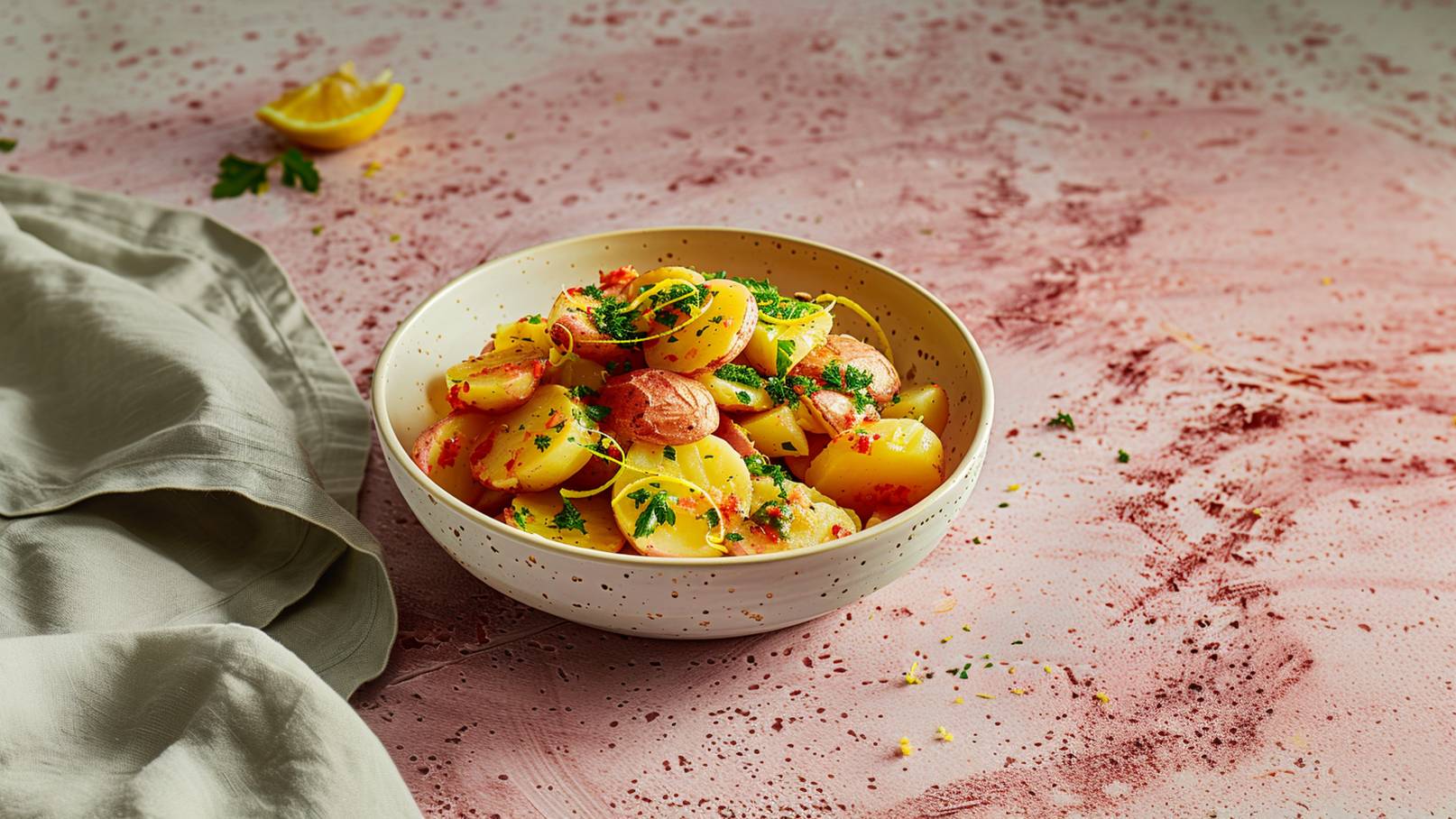 Eine Schüssel mit Kartoffelsalat, garniert mit frischen Kräutern und Zitronenschalen. Die Kartoffeln sind in Stücke geschnitten und leicht gewürzt. Im Hintergrund befindet sich ein wenig Stoff, und ein Zitronenschnitz ist sichtbar. Der Untergrund hat einen sanften rosa Farbton.