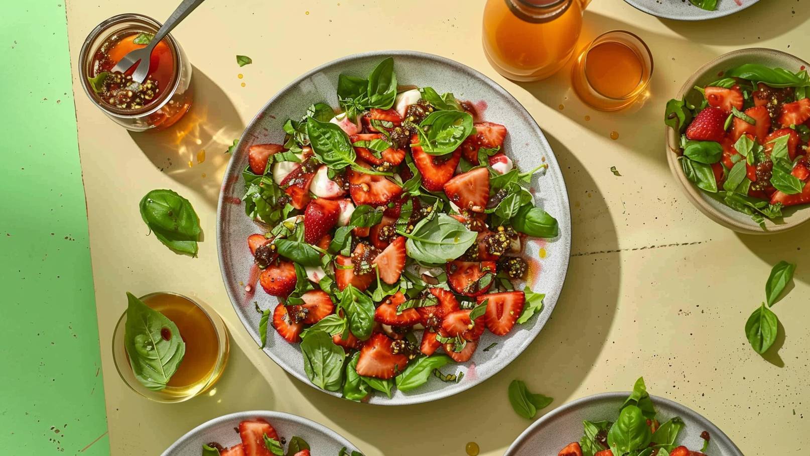 Eine große Schüssel mit frischem Salat, bestehend aus geschnittenen Erdbeeren, grünen Blättern und Kräutern. Im Hintergrund sind kleine Schüsseln mit ähnlichem Salat sowie ein Glas Dressing zu sehen. Alles ist auf einem hellen Tisch arrangiert.