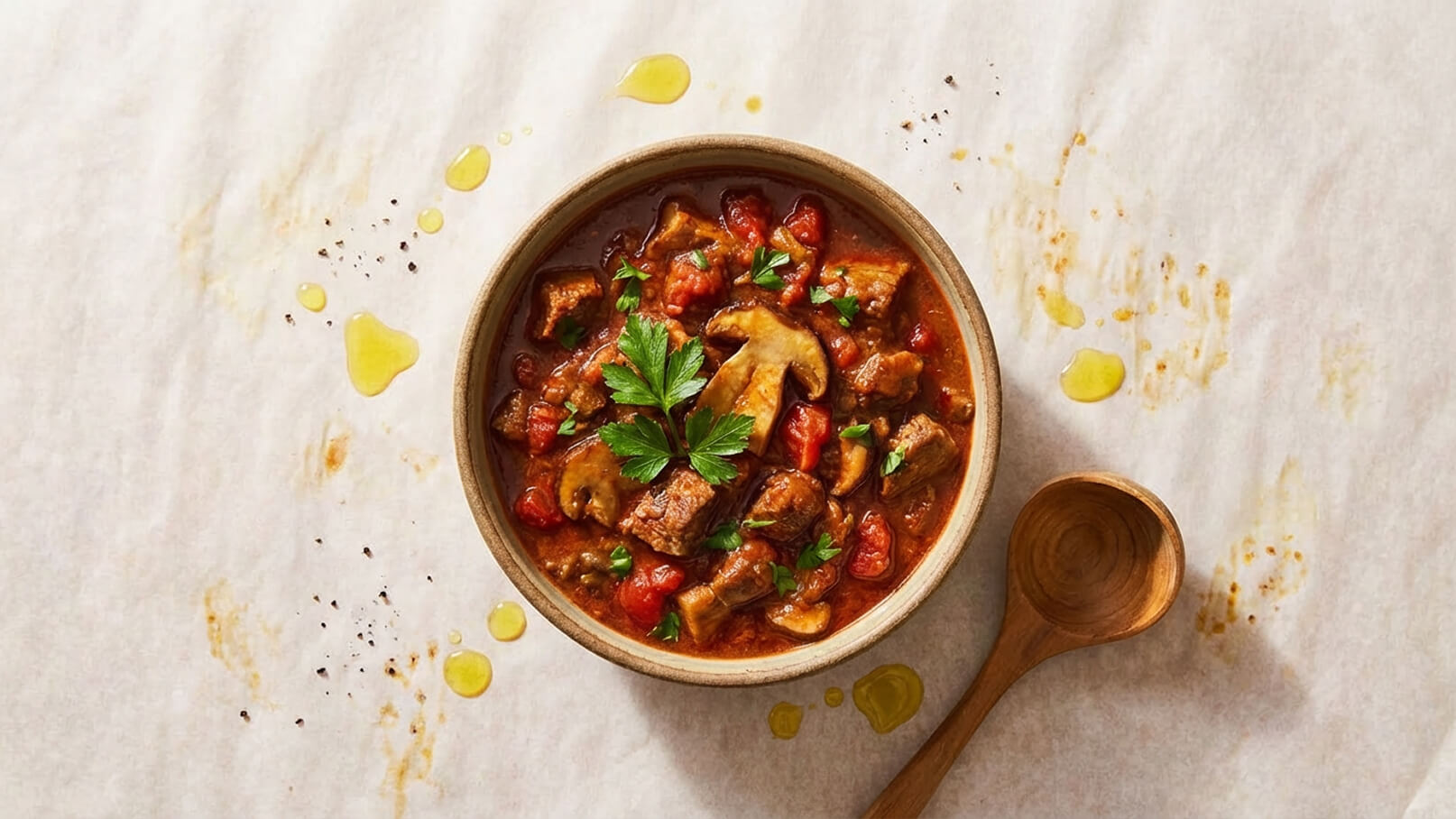 Eine Schüssel mit einem herzhaften Eintopf, bestehend aus Stückchen Fleisch, Tomaten und Pilzen, garniert mit frischer Petersilie. Der Eintopf liegt auf braunem Backpapier, umgeben von einigen Tropfen Olivenöl und Gewürzen. Ein Holzlöffel liegt daneben.