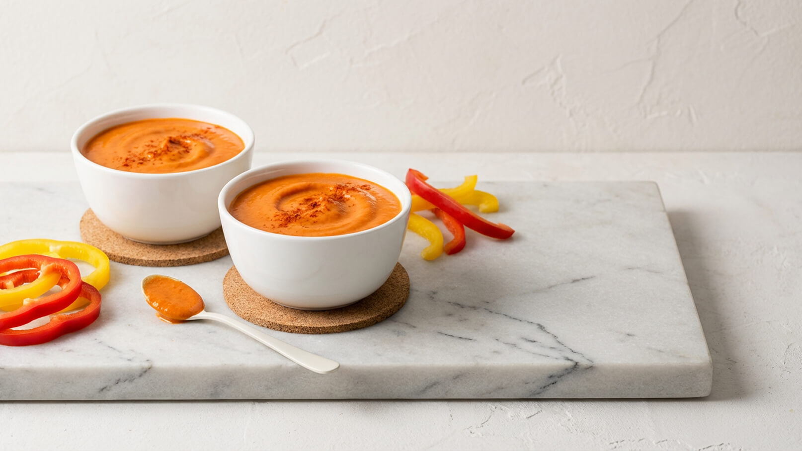 Zwei weiße Schalen mit cremiger, orangefarbener Suppe, bestreut mit Paprikapulver, stehen auf einem hellen Marmortablett. Neben den Schalen liegt ein Löffel mit etwas Suppe, und es sind geschnittene Paprikastreifen in rot, gelb und grün sichtbar.