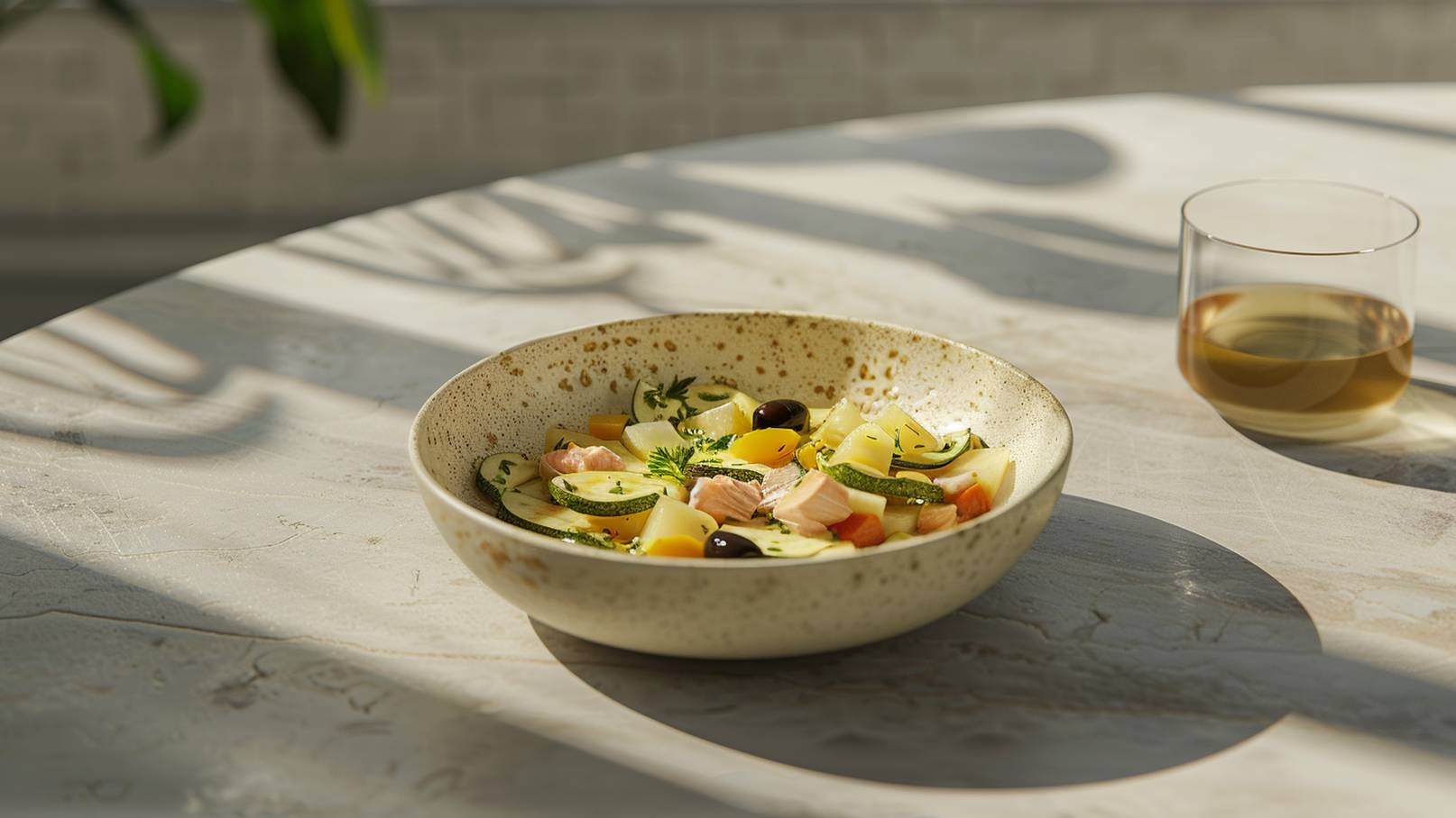 Eine Schüssel mit buntem Salat, der Stücke von Gemüse, Fisch und Kräutern enthält, steht auf einem Tisch. Neben der Schüssel ist ein Glas mit einem Getränk. Die Komposition wird von sanften Schatten umgeben.