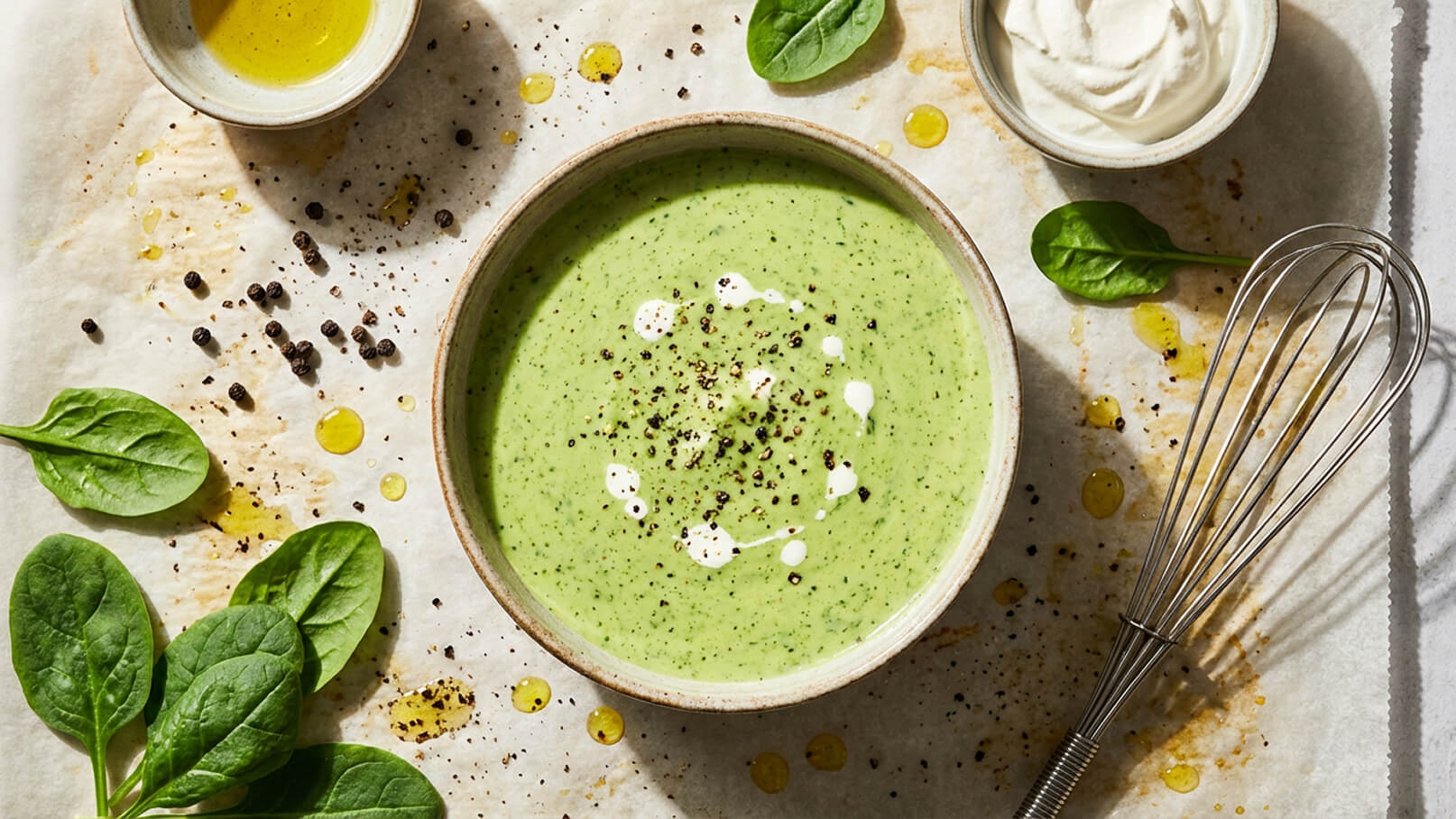 Eine Schüssel mit grüner Spinatsuppe steht auf einem Backpapier. Die Suppe ist mit Sahne und schwarzem Pfeffer garniert. Um die Schüssel liegen frische Spinatblätter und einige Tropfen Olivenöl. Ein Schneebesen befindet sich neben der Schüssel.