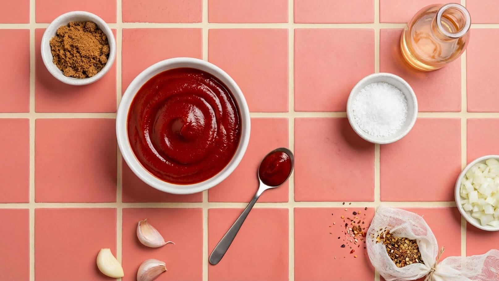 Eine Schüssel mit rotem Ketchup steht auf einem gefließten Tisch. Daneben liegen eine kleine Schale mit braunem Zucker, Meersalz, Zwiebelwürfel und ein Beutel mit Gewürzen. Eine Löffel mit Ketchup liegt ebenfalls auf dem Tisch.