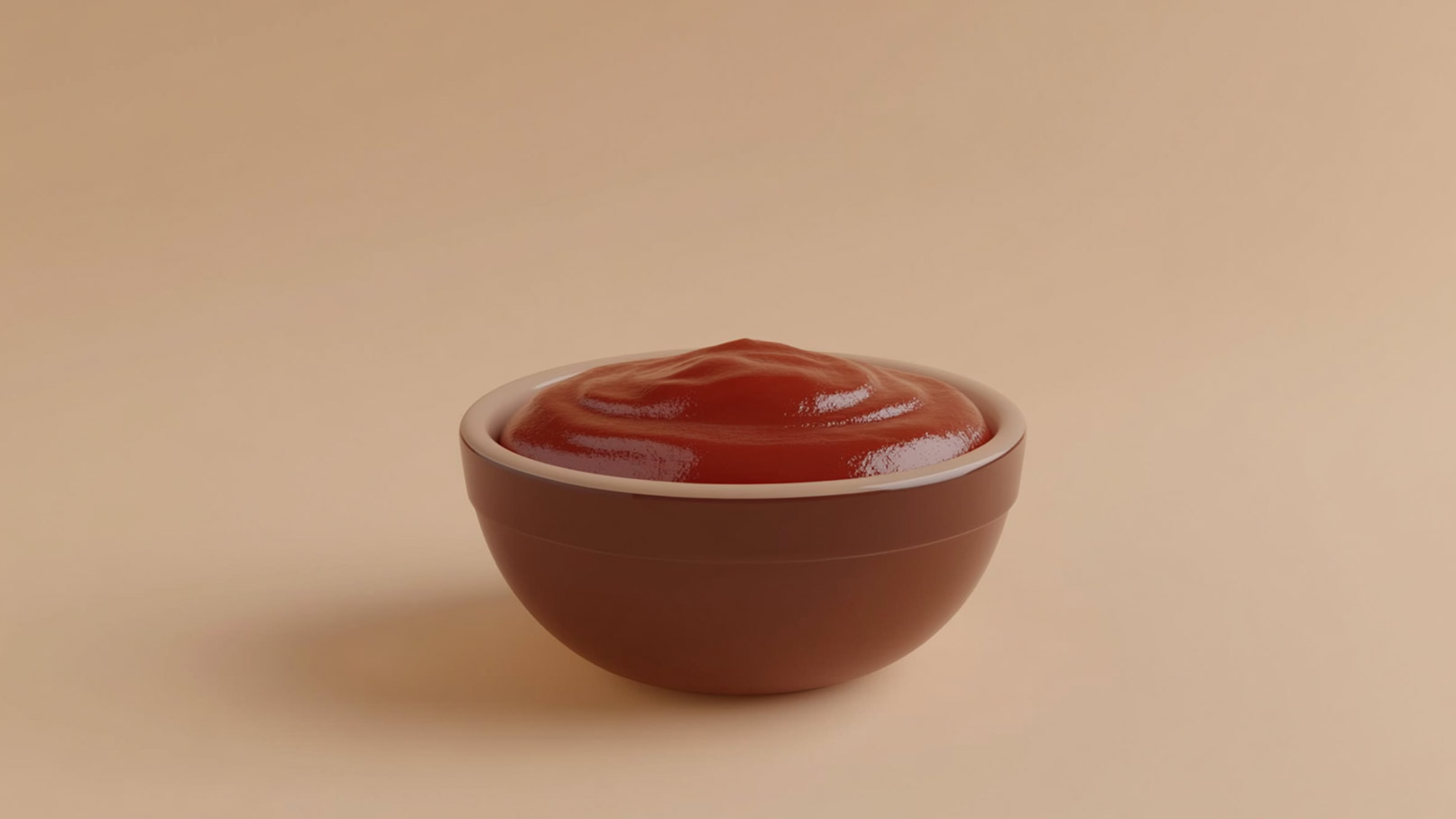 Eine braune Schüssel mit glatter, roter Sauce steht auf einem neutralen Hintergrund. Die Sauce hat eine glänzende Oberfläche und sieht cremig aus.