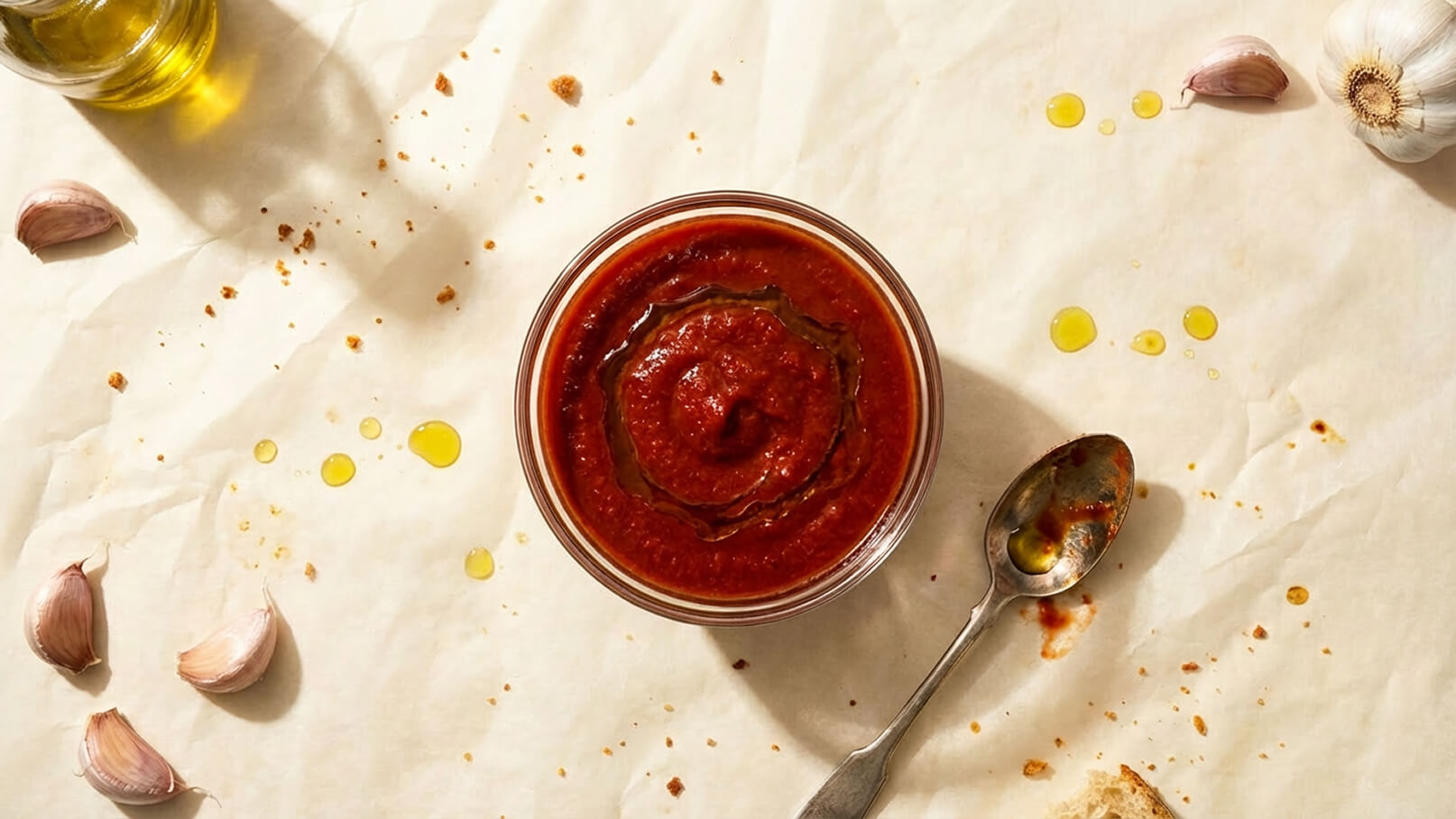 Eine Schüssel mit roter Sauce steht auf unregelmäßigem Untergrund. Um die Schüssel sind einige Knoblauchzehen, Öltropfen und Brotkrümel verteilt. Ein Löffel liegt neben der Schüssel. Die Szenerie vermittelt eine appetitliche, kulinarische Atmosphäre.