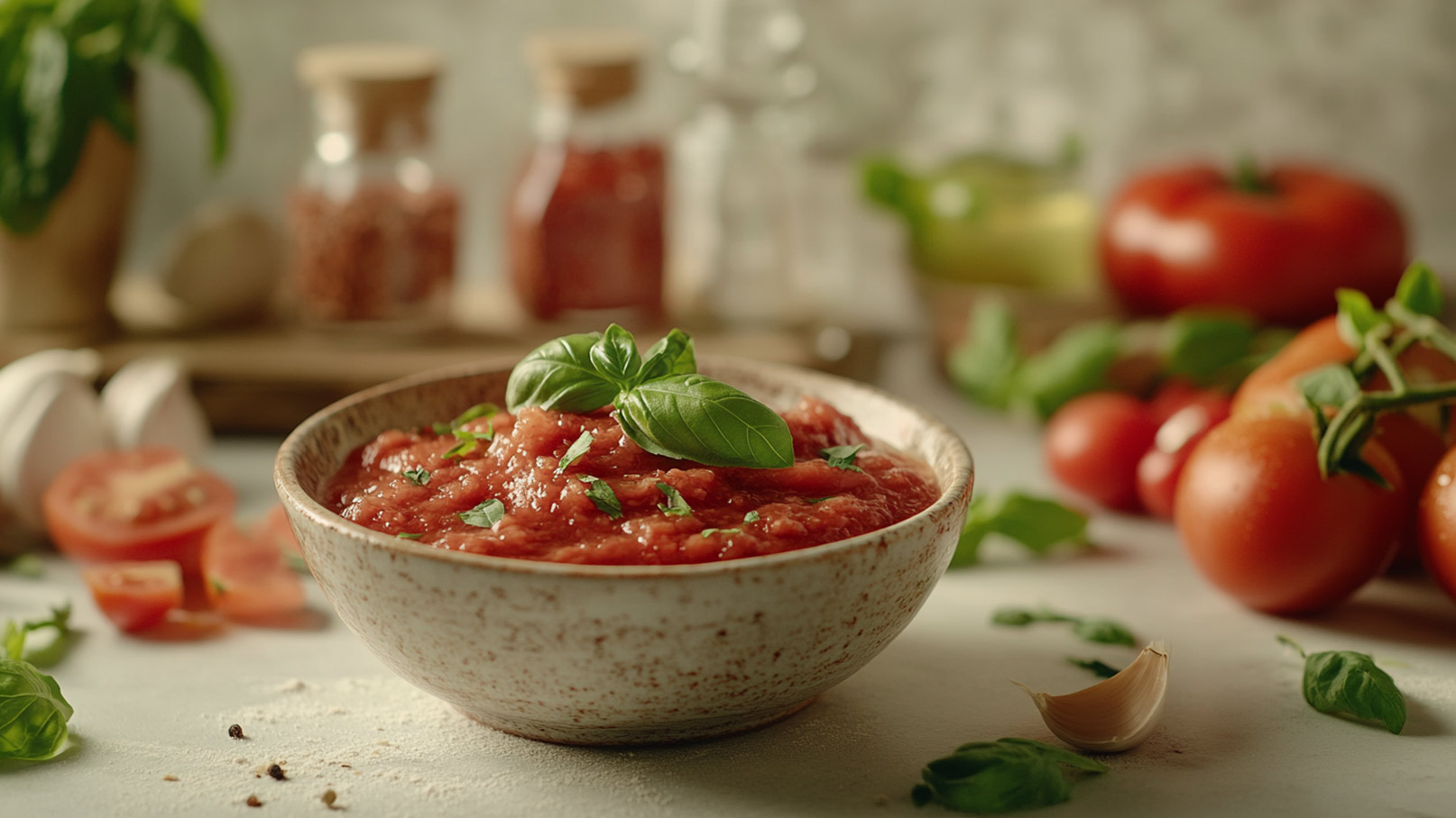 Eine Schüssel mit frischer Tomatensauce, garniert mit Basilikumblättern, steht im Vordergrund. Im Hintergrund sind saftige Tomaten und Kräuter zu sehen, die eine einladende Küchenszene schaffen.