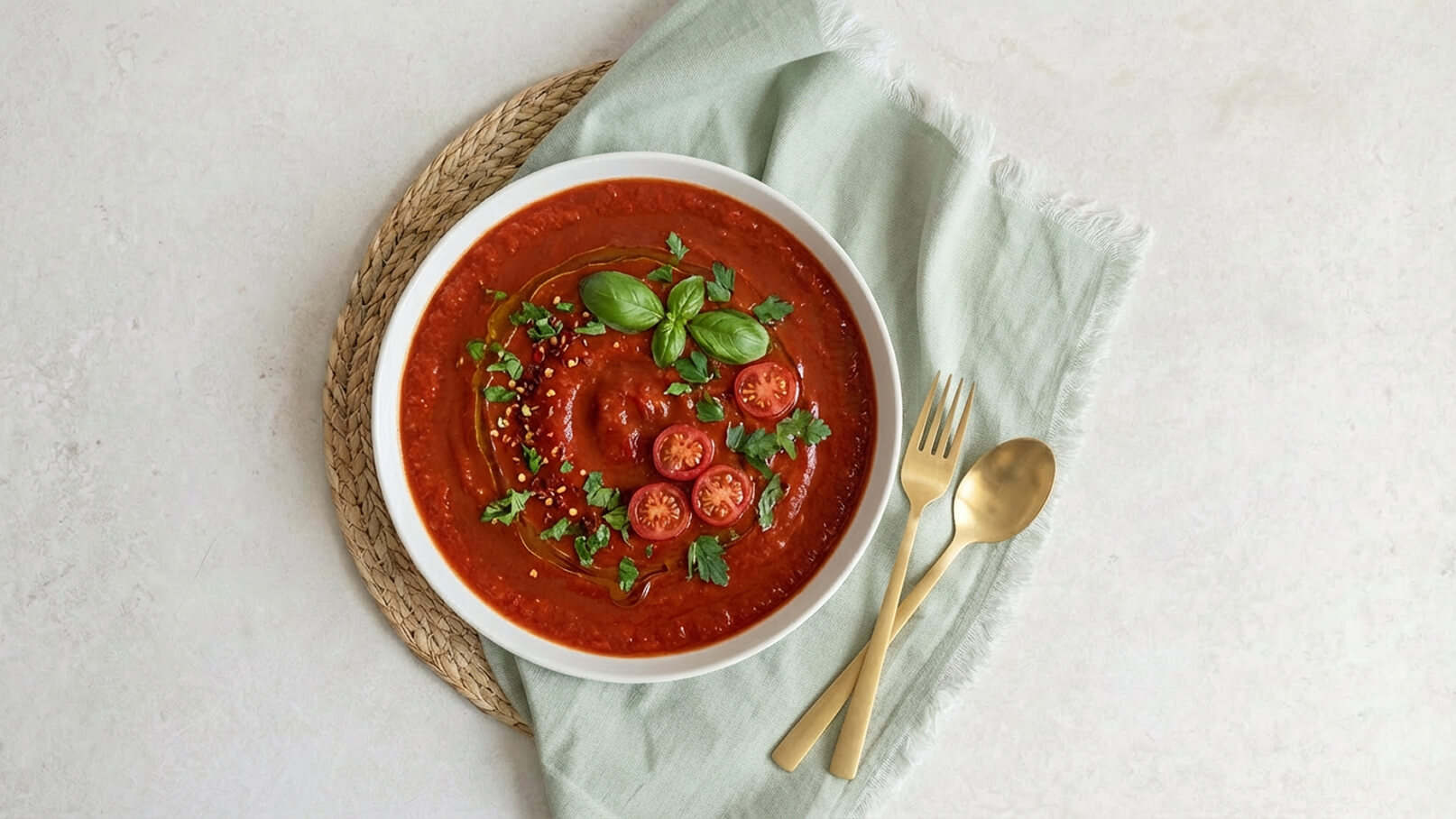 Eine Schüssel Tomatensuppe, dekoriert mit frischen Basilikumblättern, halbierten Kirschtomaten und einer Prise Chili. Die Suppe wird auf einem hellgrünen Geschirrtuch präsentiert, umgeben von einer geflochtenen Unterlage und goldfarbenem Besteck.