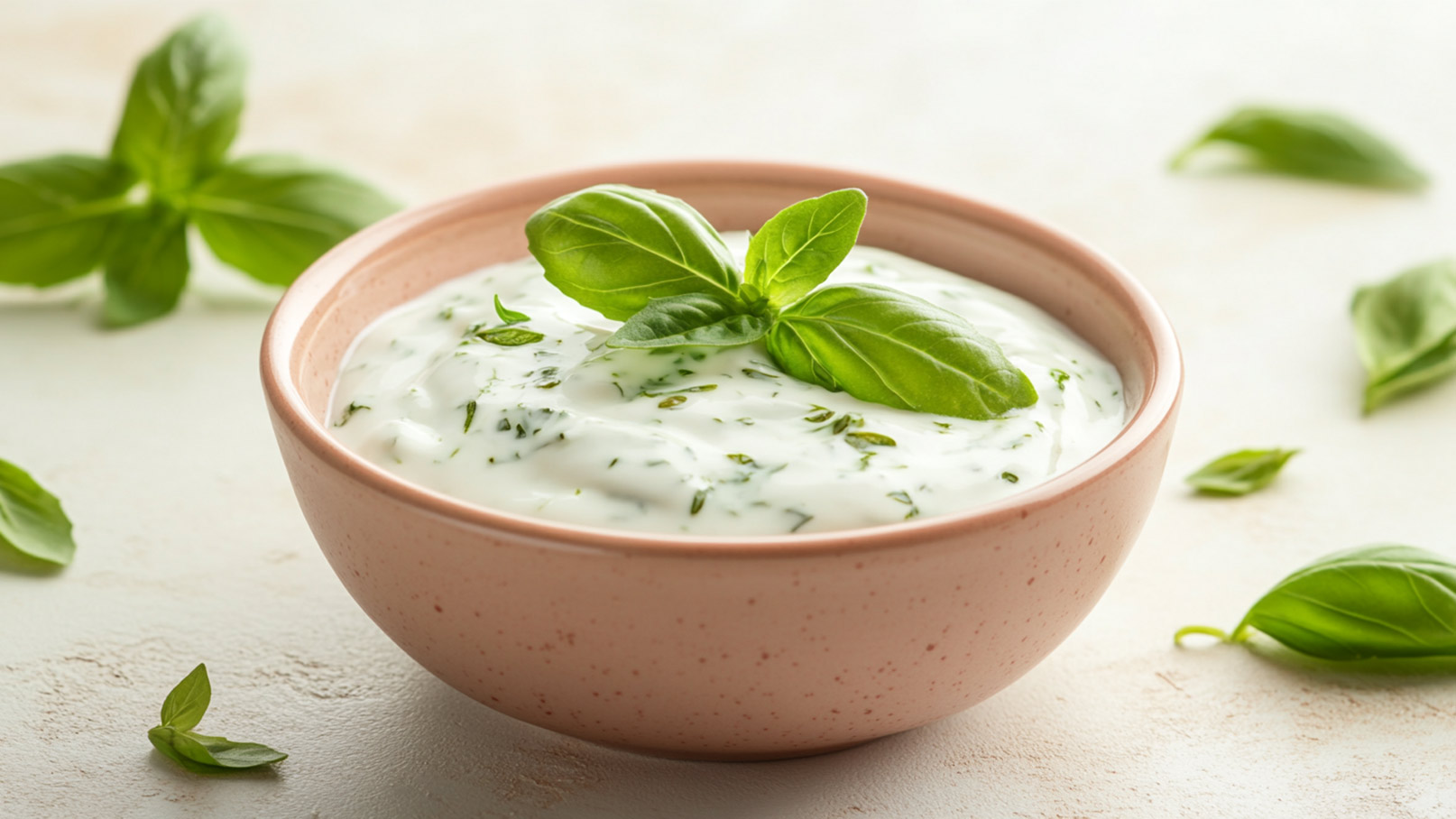 Eine Schüssel mit cremigem Joghurt-Dip, garniert mit frischem Basilikum. Der Dip enthält grüne Kräuter und hat eine glatte Konsistenz. Um die Schüssel liegen einige frische Basilikumblätter auf einer hellen Oberfläche.