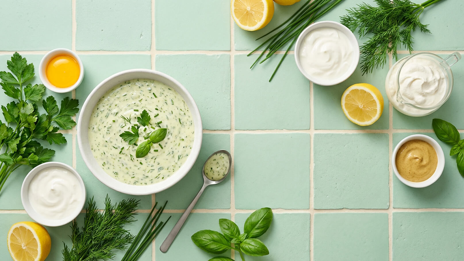 Eine Schüssel mit grüner Sauce, garniert mit frischen Kräutern, steht auf einem marmorierten Tisch. Drumherum sind Zitronen, kleine Schalen mit Joghurt, Senf und einem Ei sowie frische Kräuter wie Dill und Schnittlauch angeordnet.