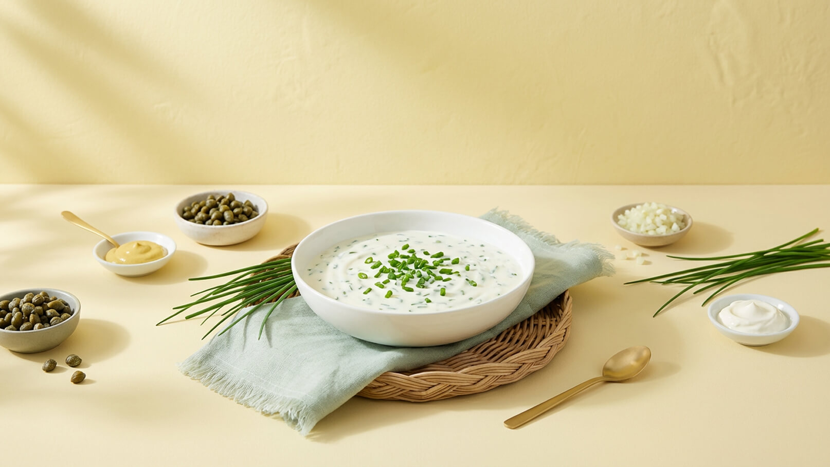 Eine weiße Schüssel mit cremiger Soße, dekoriert mit frischen Schnittlauchstücken, steht auf einem runden Tablett. Drumherum sind kleine Schalen mit Kapern, Senf und einer weißen Creme sowie frische Schnittlauchstreifen platziert. Der Hintergrund ist in einem sanften Gelbton gehalten.