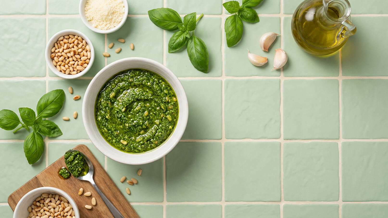 Eine Schüssel mit grünem Pesto steht auf einer hellgrünen Fliese. Um sie herum sind frische Basilikumblätter, Pinienkerne, einige Zehen Knoblauch und eine Flasche Olivenöl angeordnet. Ein Löffel mit etwas Pesto liegt auf einem Holzbrett.