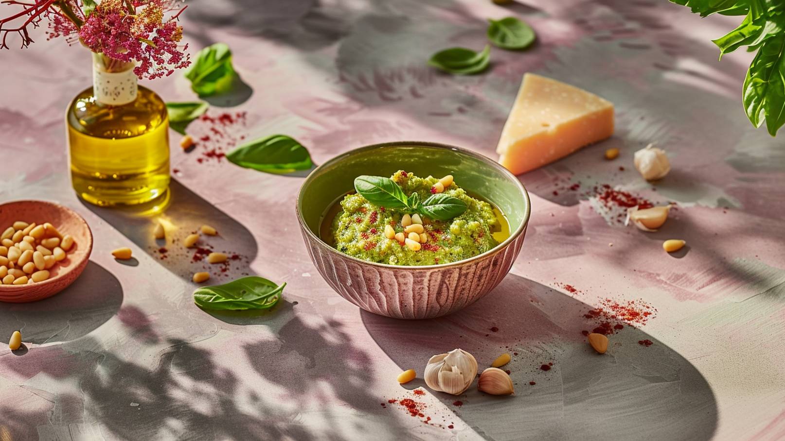 Eine grüne Schüssel mit Pesto, garniert mit frischem Basilikum und Pinienkernen, steht auf einem rosa Tisch. Daneben sind ein kleines Schälchen mit Pinienkernen, Knoblauchzehen und ein Stück Parmesan zu sehen. Olivenöl steht in einer Glasflasche.