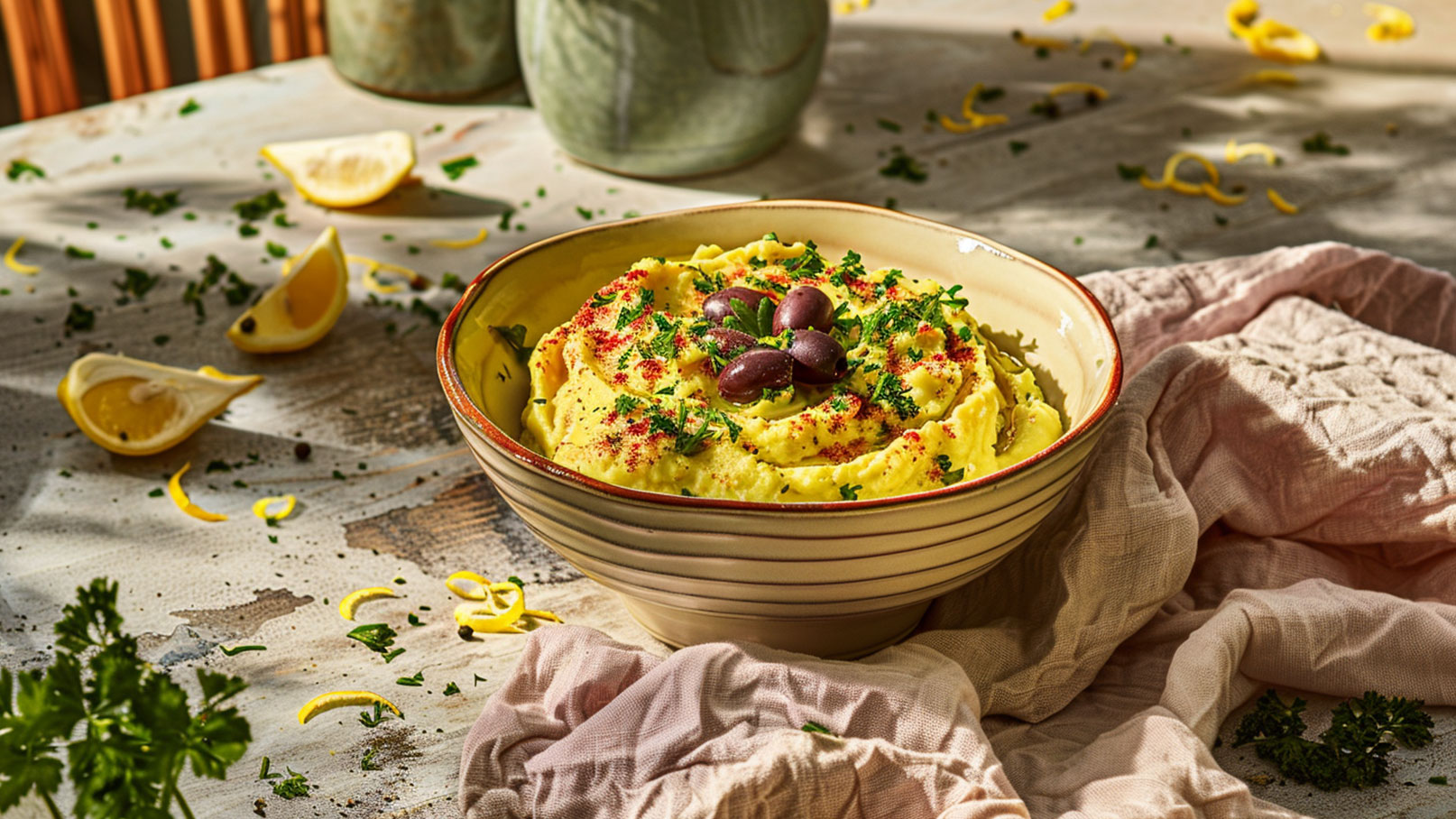 Eine Schüssel mit cremigem Kartoffelpüree, garniert mit schwarzen Oliven und frischer Petersilie. Das Püree ist hauchdünn mit Paprika bestäubt. Im Hintergrund liegen einige Zitronenspalten und frische Kräuter auf einem rustikalen Tisch.