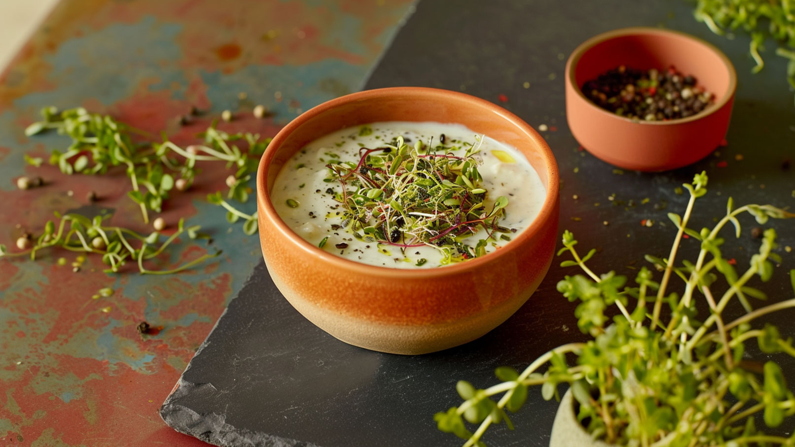 Eine Schüssel mit einer cremigen, weißen Suppe oder Soße, garniert mit frischen Kräutern und Samen. Neben der Schüssel steht eine kleine Schale mit verschiedenen Pfefferkörnern. Grüne Kräuter sind um die Schüssel verteilt.