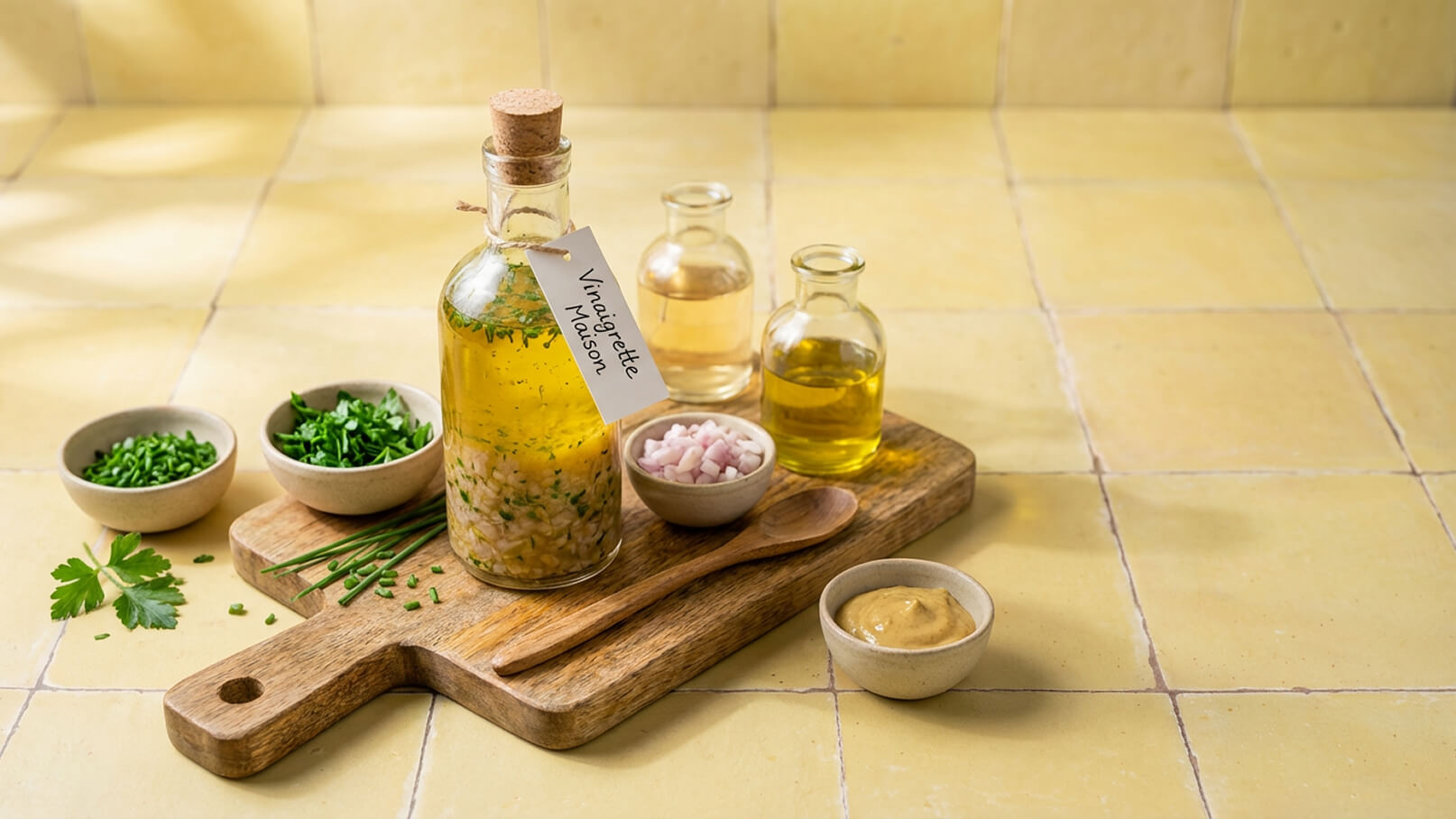 Eine Holzplatte mit einer Flasche hausgemachter Vinaigrette steht im Mittelpunkt. Daneben sind kleine Schalen mit frischen Kräutern, Zwiebeln und Senf angeordnet. Im Hintergrund sind kleinere Gläser mit verschiedenen Ölen sichtbar. Der Hintergrund ist hell und schlicht.