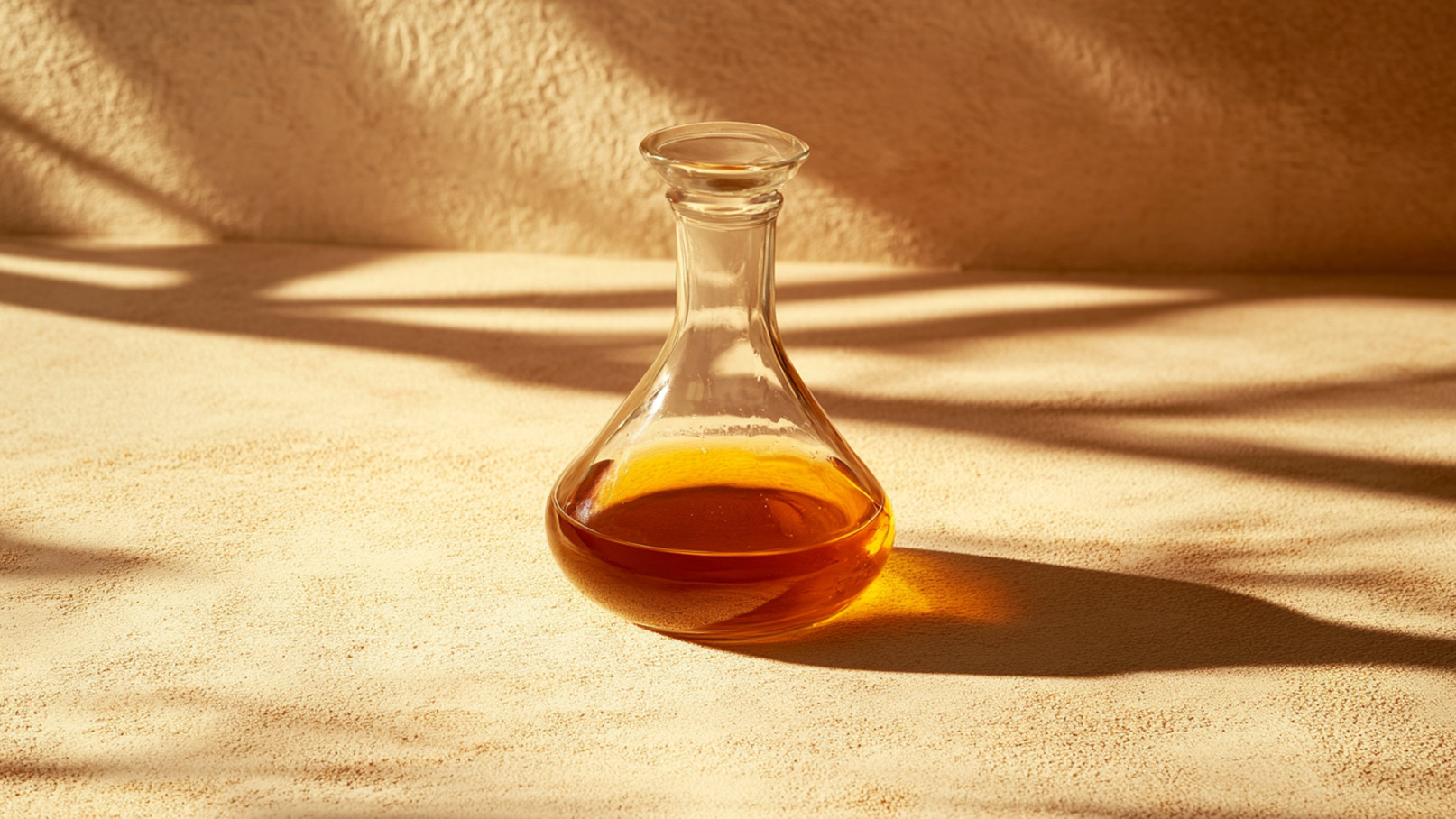 Eine elegante Glasflasche mit einer goldbraunen Flüssigkeit steht auf einer hellen, strukturierten Oberfläche. Sanfte Schatten fallen auf den Untergrund, wodurch die Form der Flasche und die Textur des Tisches hervorgehoben werden.