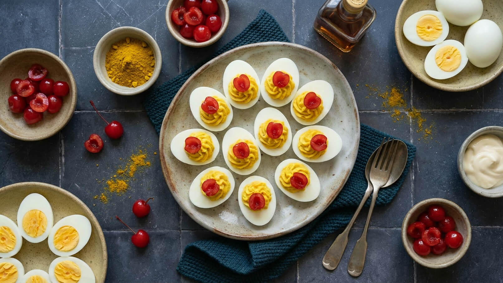 Ein Teller mit aufgeschnittenen Eiern, gefüllt mit cremiger Eigelbmasse und garniert mit einer Kirsche. Daneben stehen mehrere Schalen mit Kirschen, Gewürzen und einer Sauce. Das Ganze ist auf einem dunklen Tisch arrangiert.