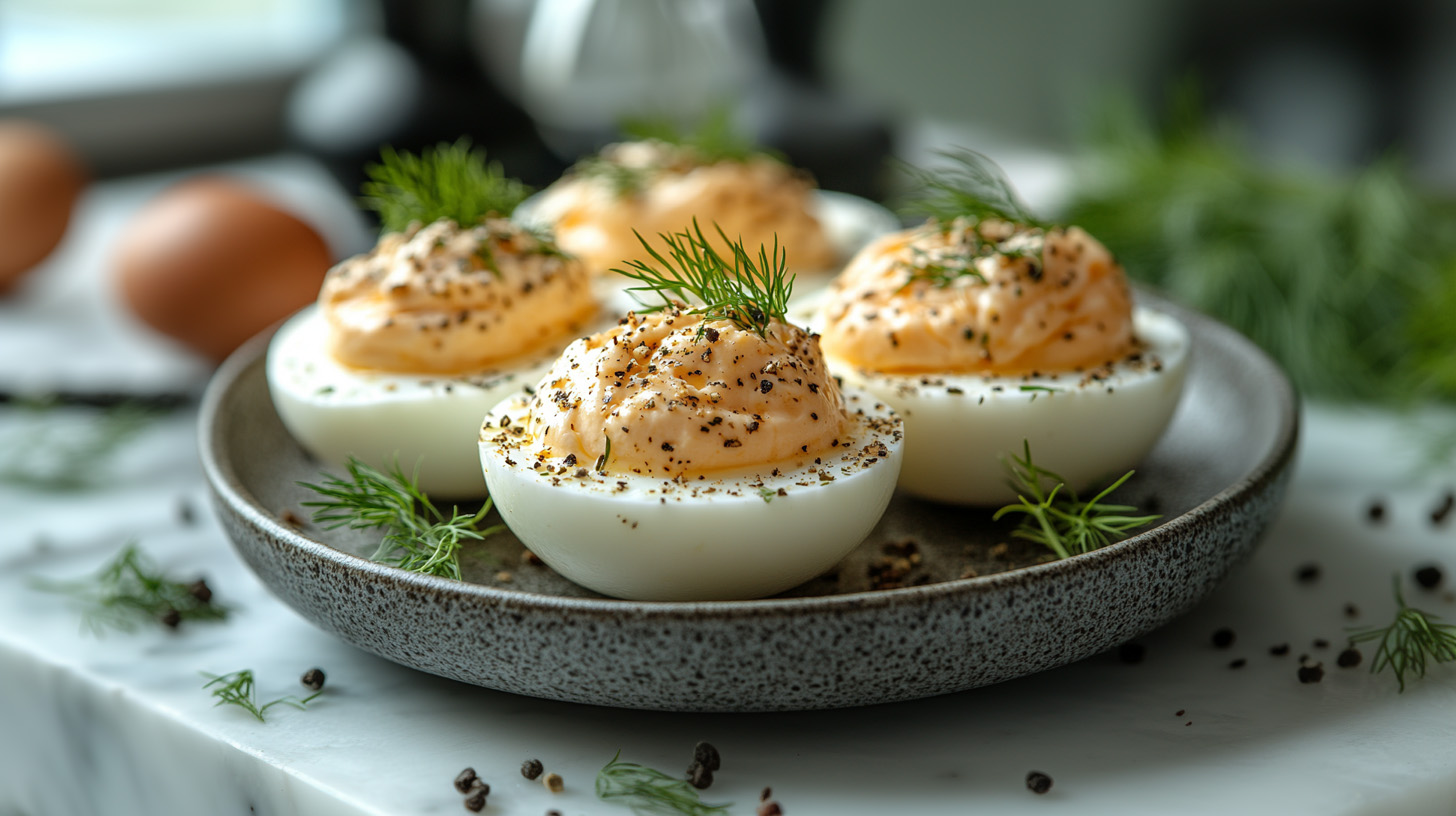 Ein Teller mit gefüllten, hartgekochten Eiern. Die Eierhälften sind mit einer cremigen, orangefarbenen Füllung dekoriert und mit schwarzem Pfeffer und frischem Dill angerichtet. Grüner Dill und Pfefferkörner liegen auf dem Teller. Hintergrund zeigt eine stilvolle Küchenszene.