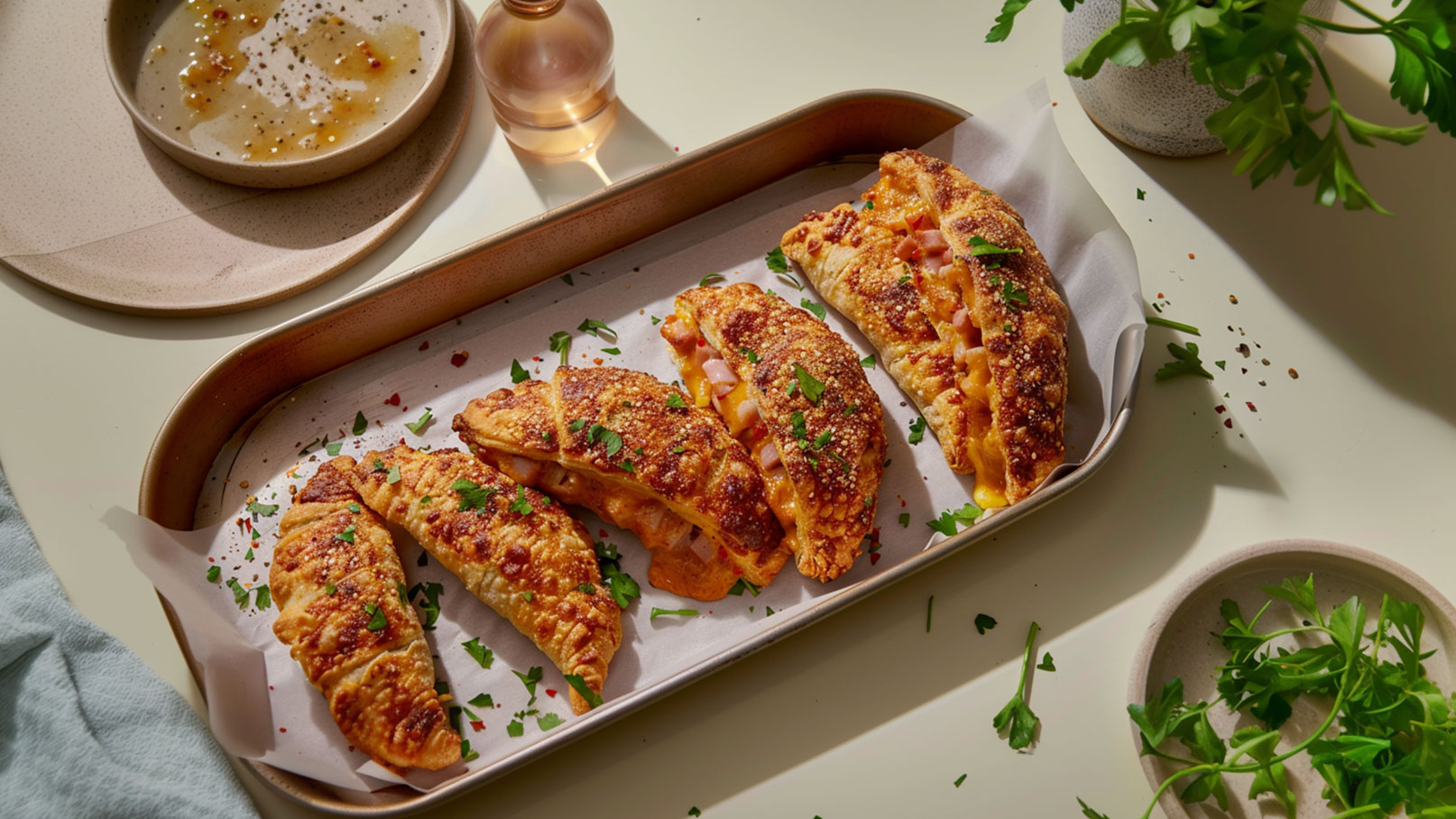 Ein Tablett mit vier frisch gebackenen Teigtaschen, gefüllt mit Käse und Schinken. Die Teigtaschen sind goldbraun und knusprig, garniert mit frischer Petersilie. Daneben stehen ein Teller mit einer Sauce und einige Kräuter.
