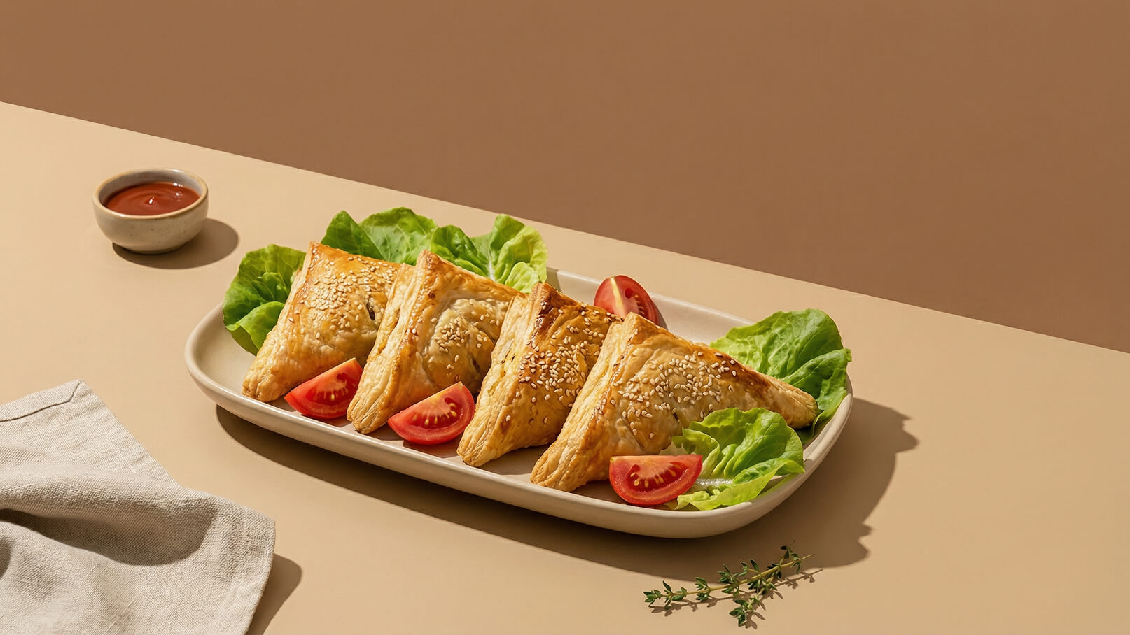 Ein Teller mit mehreren gefüllten Teigtaschen, bestreut mit Sesam, liegt auf einem beigen Tisch. Um die Teigtaschen sind frische Salatblätter und Tomatenscheiben angeordnet. Neben dem Teller steht eine kleine Schüssel mit einer dunklen Soße.