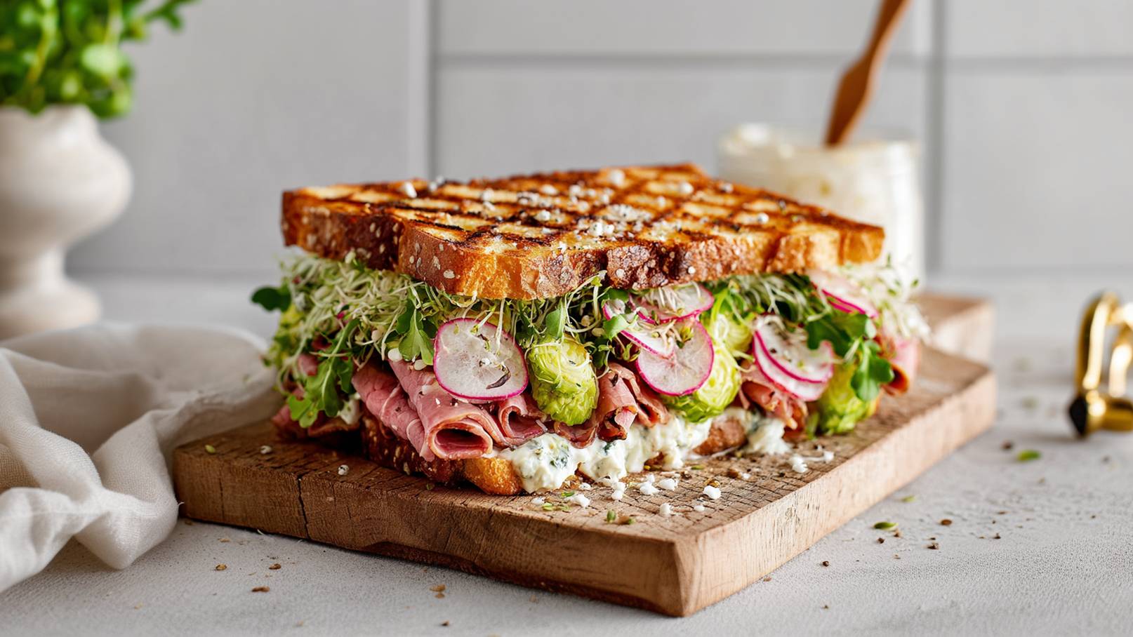 Ein frisch gebratener Sandwich mit saftigem Rindfleisch, frischen Tomatenscheiben, Zwiebeln und Kräutern. Das Brötchen ist knusprig und goldbraun, serviert auf einem Teller mit einer Unterlage aus Rucola.