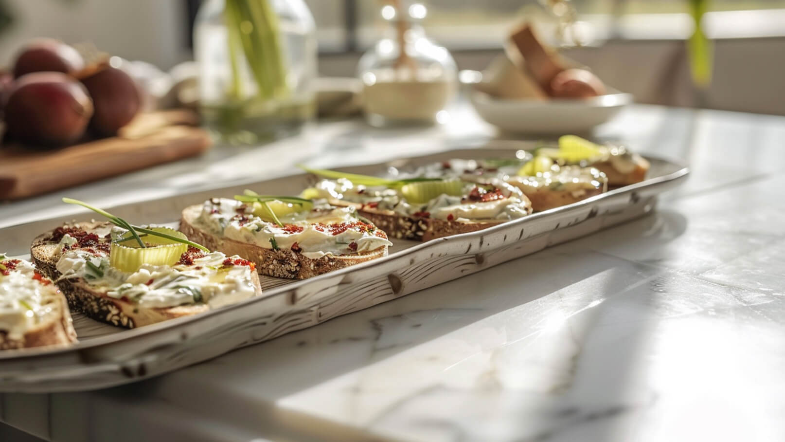 Auf einem Silbertablett liegen mehrere belegte Brote. Jedes Brot ist mit einer cremigen Schicht, Gewürzen und frischen Zutaten wie Gurkenscheiben und Kräutern garniert. Im Hintergrund sind Äpfel und Küchenutensilien sichtbar.