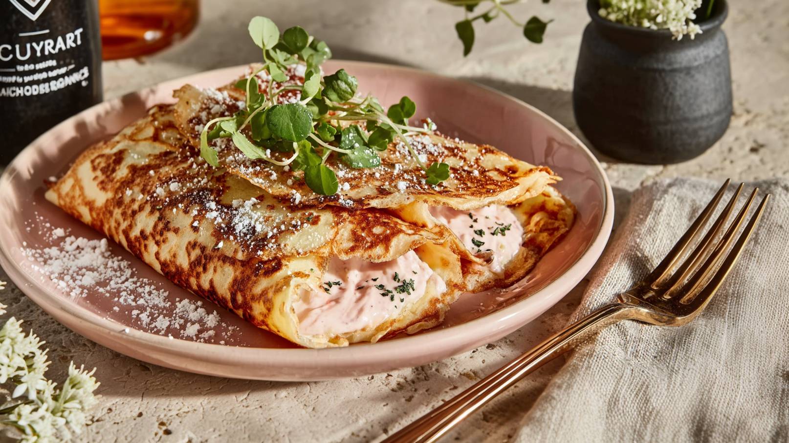 Auf einem rosa Teller liegen zwei gefüllte Crêpes, bestreut mit Puderzucker und frischen Kräutern. Die Füllung ist leicht sichtbar. Im Hintergrund sind ein dekoratives Glas und eine kleine Blumenvase zu erkennen. Der Gesamtanblick vermittelt ein ansprechendes und einladendes Essen.