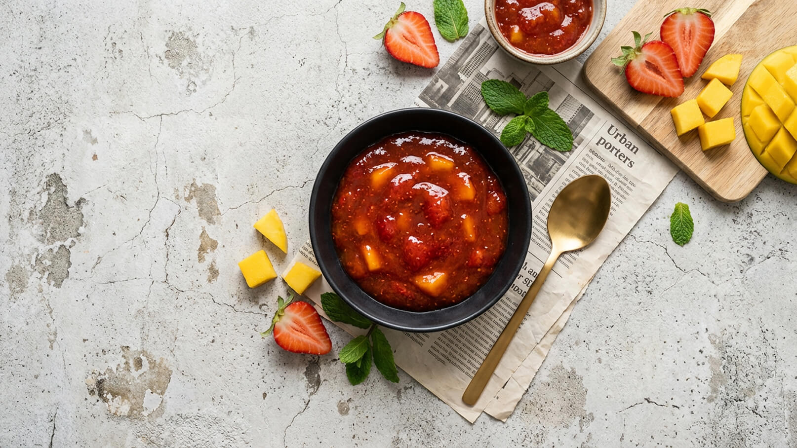 Eine schwarze Schüssel mit einer fruchtigen Soße aus Erdbeeren und Mangostücken steht auf einer grauen Oberfläche. Daneben liegen frische Erdbeeren, Mango-Würfel und Minzblätter sowie ein Holzbrett mit weiteren Mango-Würfeln. Ein goldener Löffel liegt neben der Schüssel.