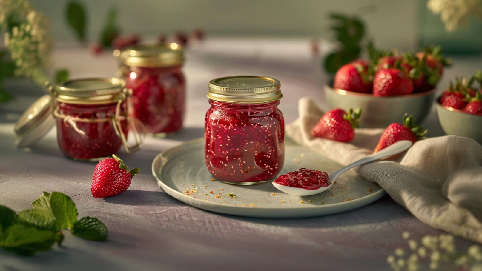 Ein Glas Erdbeermarmelade steht auf einem Teller, daneben liegt ein Löffel mit Marmelade. Frische Erdbeeren sind in mehreren Schalen und um das Glas verteilt. Die Szenerie ist hell und einladend, mit einem weichen Tuch im Hintergrund.