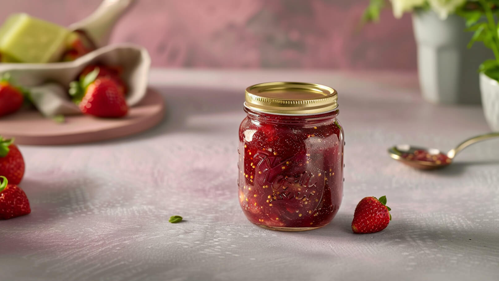 Ein Glas mit roter Erdbeermarmelade steht auf einem hellen Tisch. Einige frische Erdbeeren liegen daneben. Im Hintergrund sind ein Löffel und eine kleine Schüssel zu sehen. Die Marmelade hat eine glänzende Oberfläche und enthält kleine Stücke von Erdbeeren.
