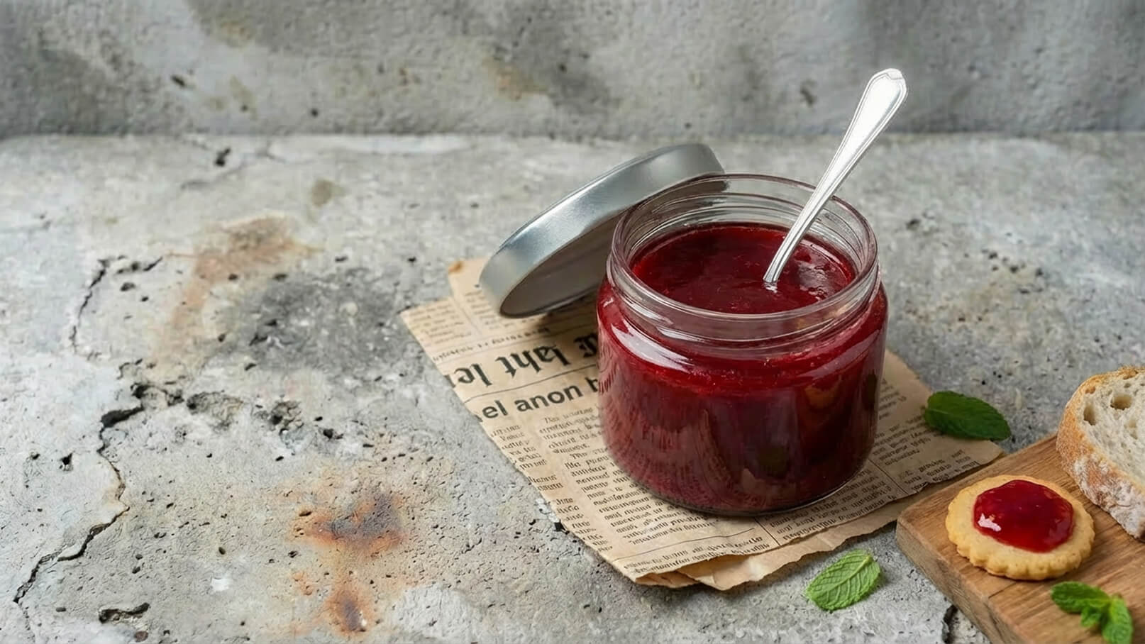 Ein Glas mit roter Marmelade steht auf einem Stück Zeitungspapier. Neben dem Glas liegt ein Keks, der mit Marmelade bestrichen ist, sowie ein Stück Brot. Im Hintergrund ist eine graue, strukturierte Oberfläche zu sehen.