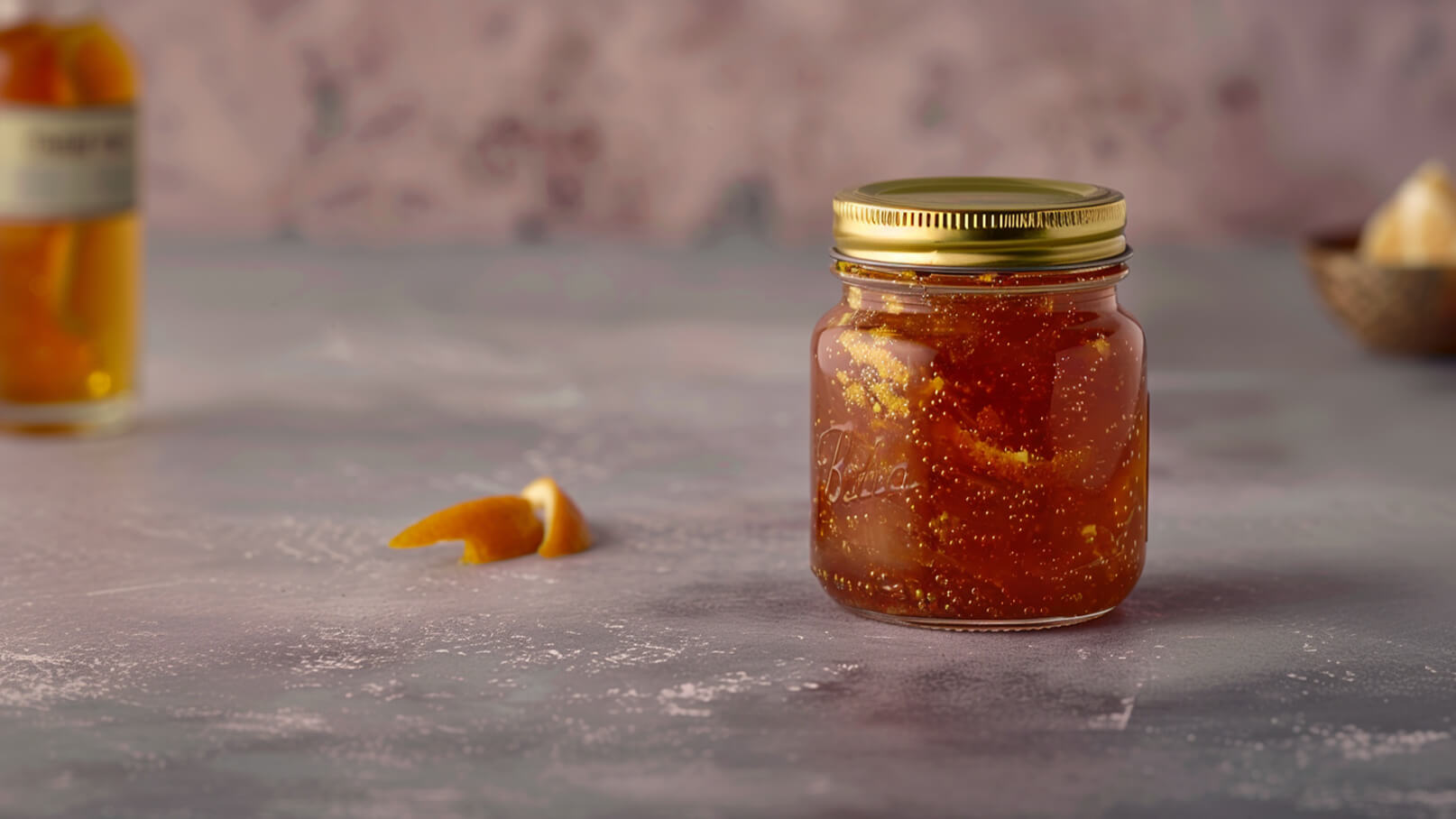 Ein Glas mit goldbraunem Gelee steht auf einer grauen Oberfläche. Es hat einen goldenen Deckel und kleine Stücke von getrockneter Frucht sind darin zu sehen. Neben dem Glas liegt ein Stück orangefarbener Orangenschale.