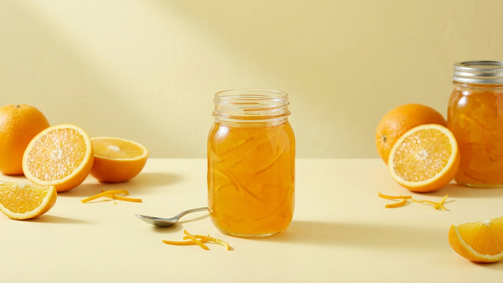 Ein Glas mit orangefarbigem Marmelade steht im Vordergrund. Rundherum liegen frische, halbierte Orangen und Orangenschalen. Der Hintergrund ist hellbeige. Es liegt auch ein kleiner Löffel neben dem Glas.