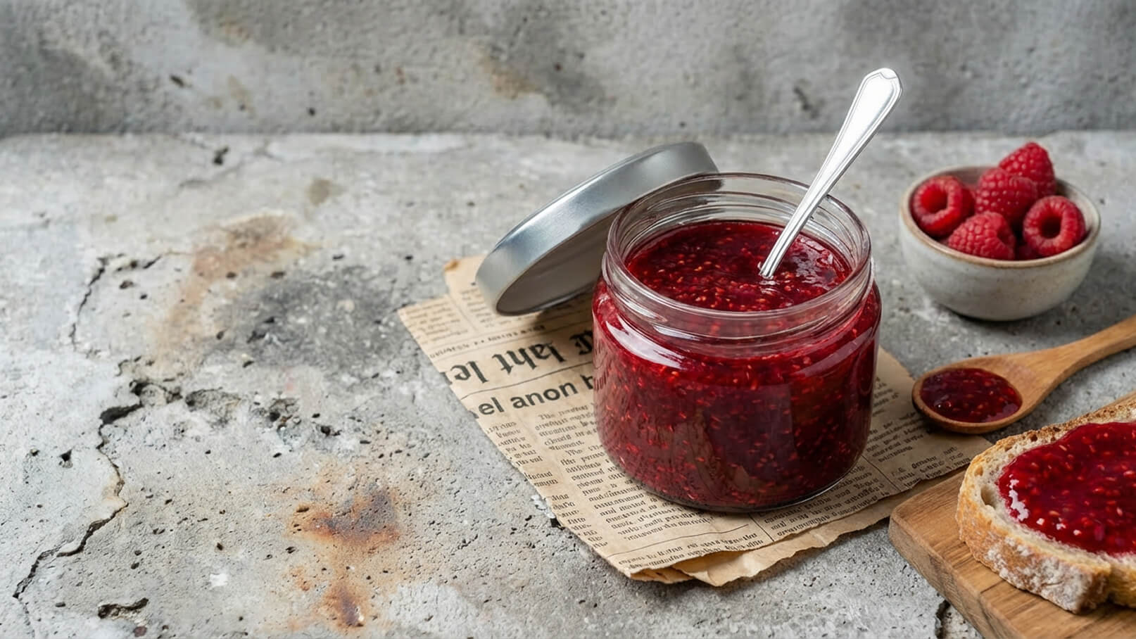 Ein Glas Himbeermarmelade mit einem Löffel steht auf einem Stück Papier. Daneben liegt ein Holzlöffel mit Marmelade und ein Stück Brot, das ebenfalls mit Himbeermarmelade bestrichen ist. Im Hintergrund sind frische Himbeeren in einer kleinen Schüssel.