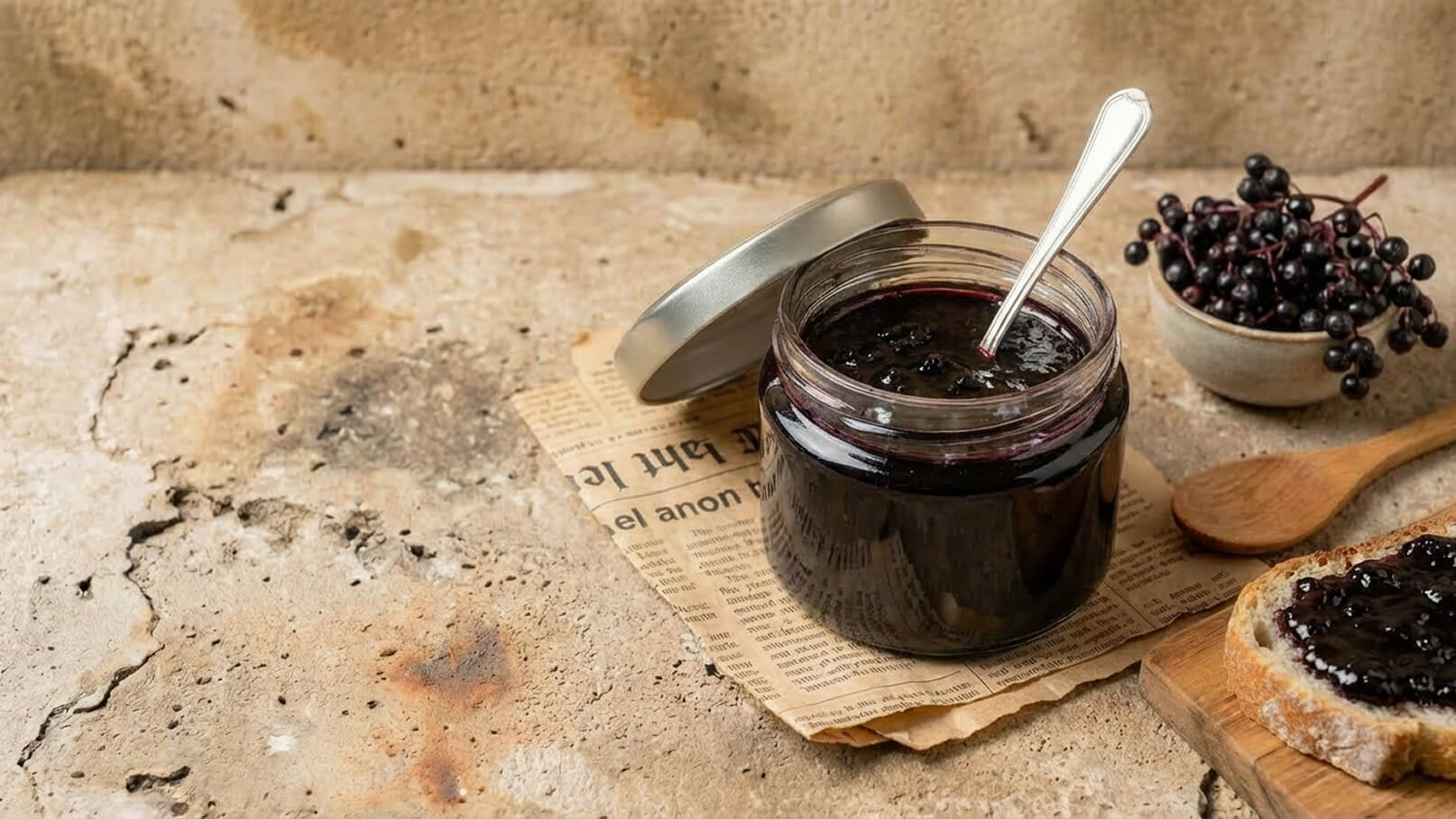 Ein Glas Holundergelee mit einem Löffel steht auf einem Holztisch. Daneben liegt ein Stück Brot, das mit dem Gelee bestrichen ist. Eine Schale mit frischen Holunderbeeren ergänzt die Szenerie. Der Hintergrund ist schlicht und sorgt für einen rustikalen Eindruck.