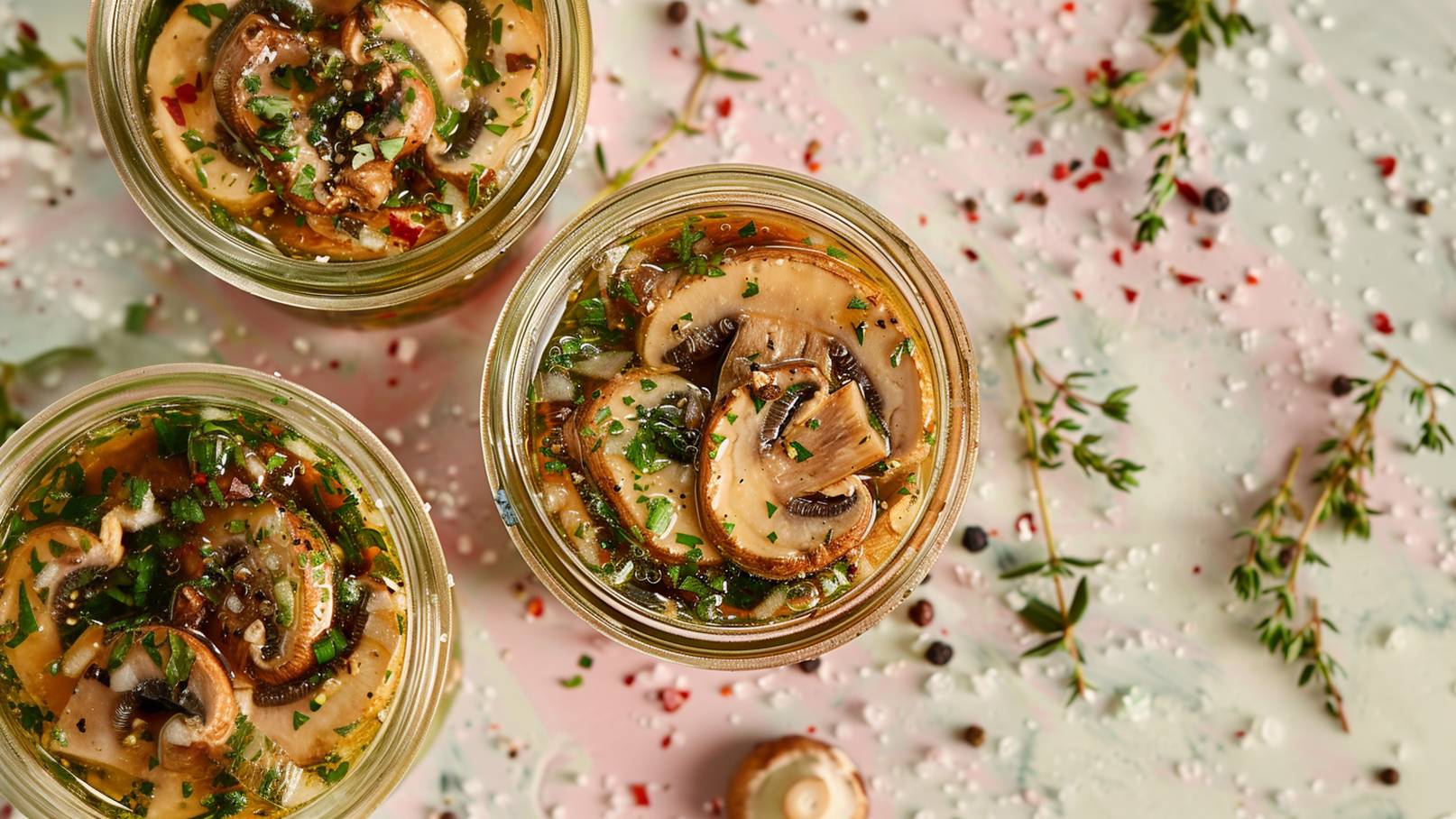 Drei Glasbehälter mit marinierten Champignons, garniert mit frischen Kräutern. Die Mischung enthält eine klare Flüssigkeit mit Gewürzen und ist auf einer zarten, pastellfarbenen Unterlage angeordnet, die mit einigen Kräutern und Gewürzen dekoriert ist.