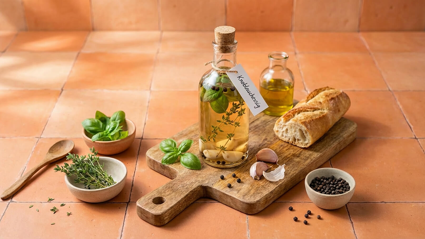 Eine Holzplatte zeigt eine Flasche mit Knoblauchessig, die mit frischen Kräutern gefüllt ist. Daneben liegen Knoblauchzehen, Pfefferkörner und eine kleine Schüssel mit Thymian. Im Hintergrund befindet sich ein Stück Baguette und ein Glas mit Öl. Der Untergrund ist aus terrakottafarbenen Fliesen.