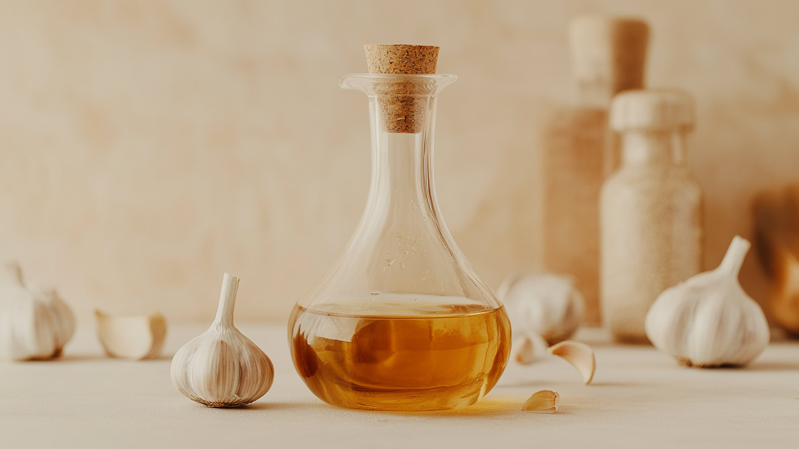 Eine Glasflasche mit goldenem Öl steht im Vordergrund. Daneben liegen mehrere Knoblauchzehen und eine ungeschälte Knoblauchknolle. Im Hintergrund sind weitere Flaschen und eine neutrale, sanfte Farbgebung sichtbar.