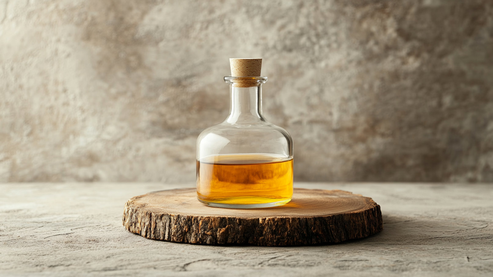 Eine gläserne Flasche mit einem korkenverschlossenen Deckel steht auf einem runden Holzbrett. In der Flasche befindet sich eine gelblich-braune Flüssigkeit. Der Hintergrund ist neutral und unscharf, wodurch die Flasche hervorgehoben wird.