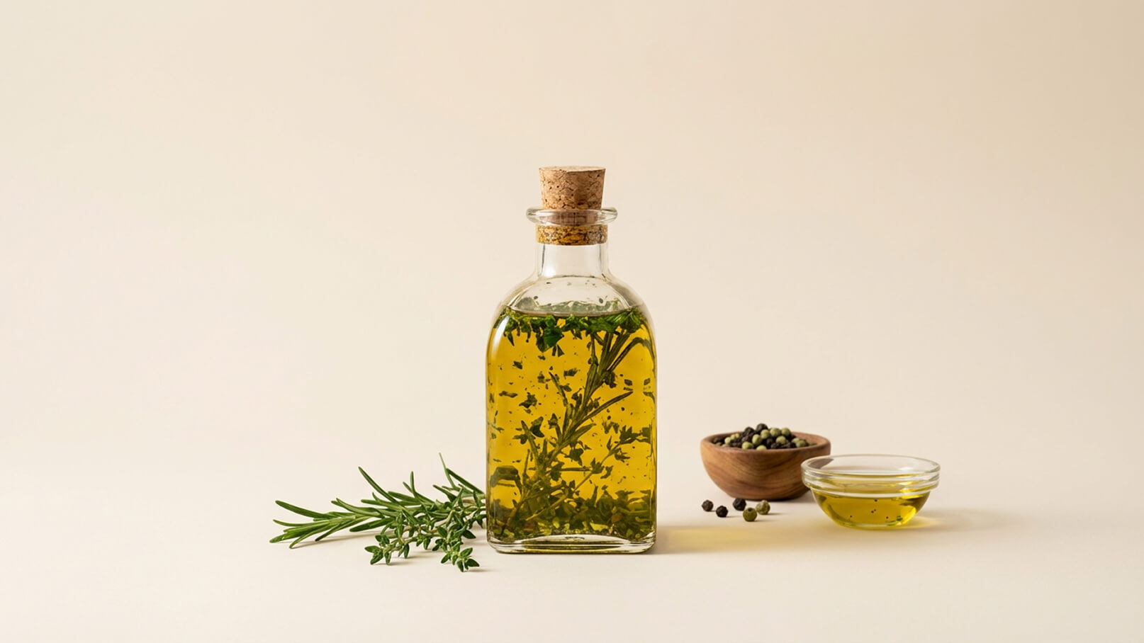 Eine Glasflasche mit Kräuteröl steht in der Mitte, gefüllt mit frischen Kräutern. Daneben liegen ein kleiner Holzschalen mit Pfefferkörnern und eine kleine Schale mit klarem Öl. Der Hintergrund ist neutral und hell.