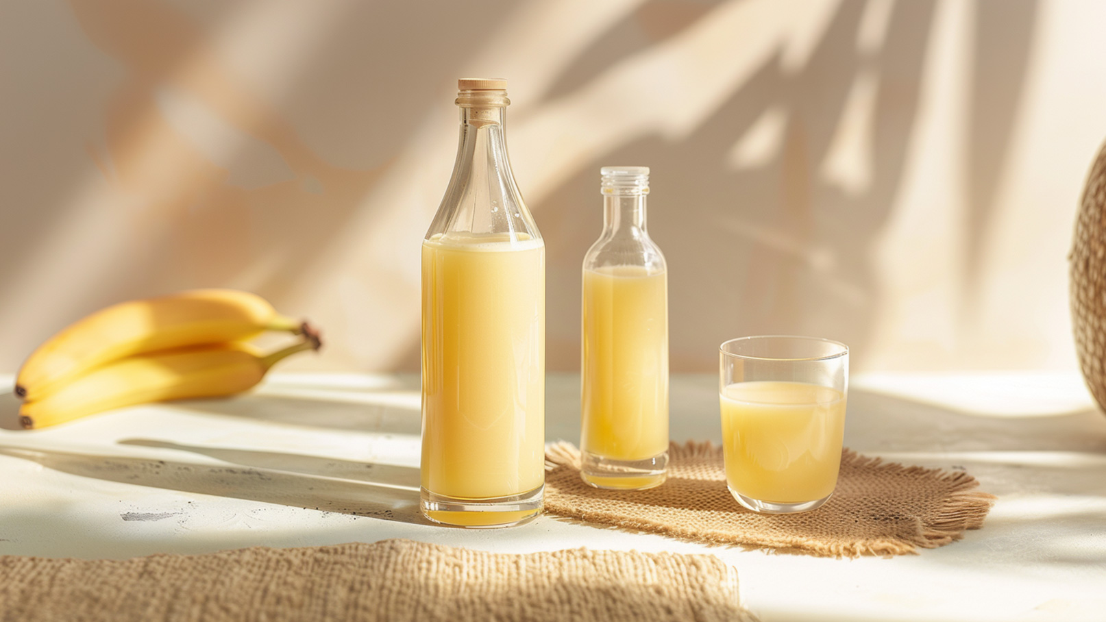 Auf dem Bild sind zwei Flaschen mit gelbem Getränk und ein Glas mit derselben Flüssigkeit zu sehen. Die Flaschen stehen auf einem Jutestrick und im Hintergrund sind einige Bananen sichtbar. Die Beleuchtung schafft eine helle, freundliche Atmosphäre.
