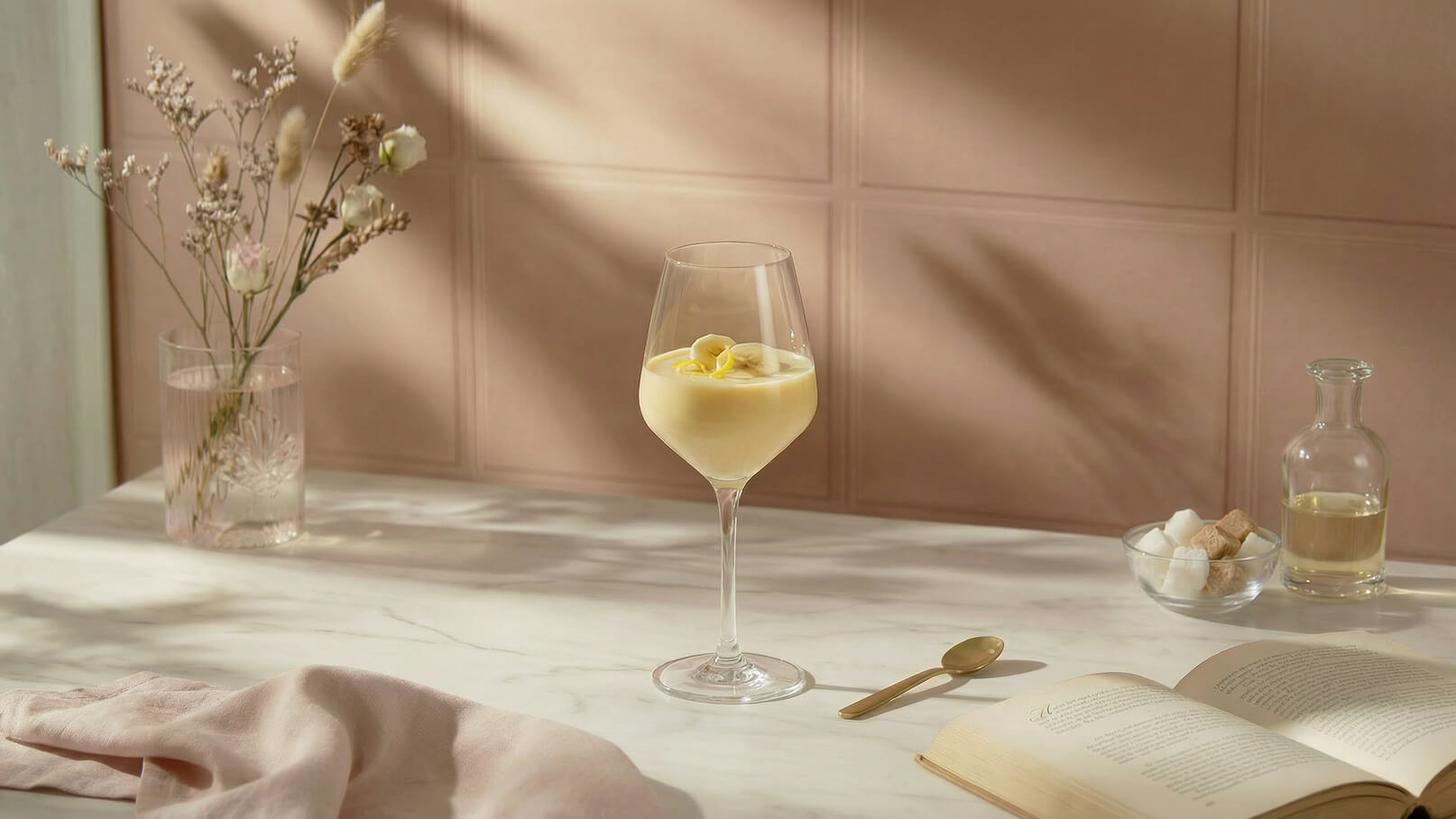 Ein elegantes Weinglas mit einer cremigen, hellgelben Dessertcreme und Bananenscheiben steht auf einem marmorierten Tisch. Neben dem Glas befinden sich eine offene Buchseite, ein goldener Löffel und eine kleine Schale mit Zuckerwürfeln. Im Hintergrund ist eine Vase mit getrockneten Blumen zu sehen.
