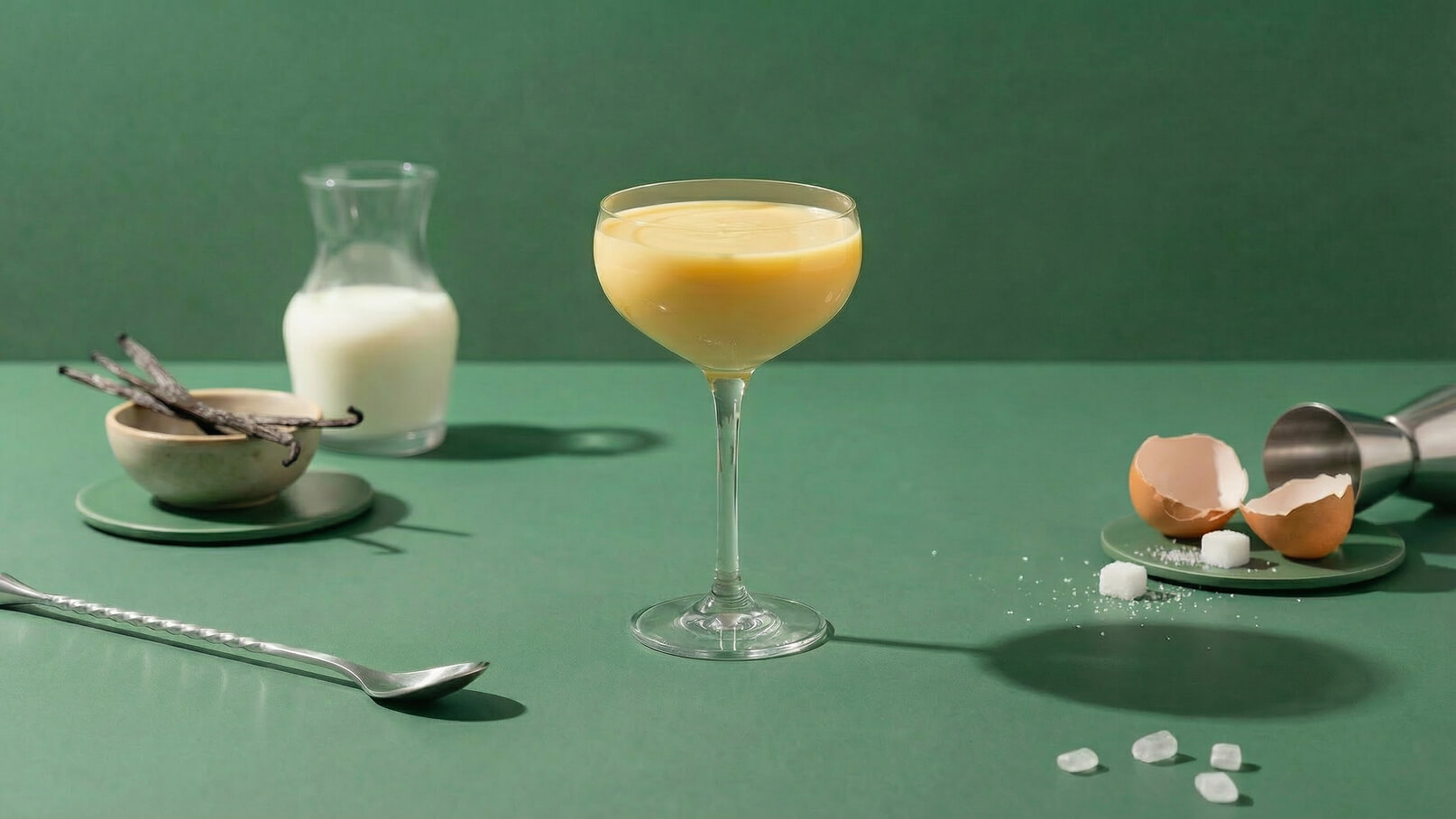 Ein elegantes Glas mit cremiger, gelber Flüssigkeit steht im Vordergrund auf einem grünen Tisch. Daneben sind Vanilleschoten, ein Krug mit Milch, zerbrochene Eierschalen und Zuckerwürfel angeordnet. Die gesamte Komposition vermittelt eine einladende Atmosphäre für Genuss und Backen.