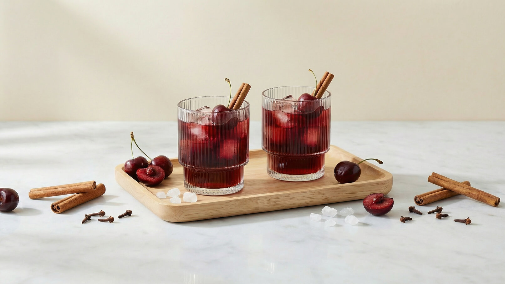 Zwei Glasbecher mit roten Getränken und Eiswürfeln stehen auf einem Holztablett. Jeder Becher ist mit einer Kirsche und einem Zimtstängel dekoriert. Um das Tablett befinden sich frische Kirschen, Zimtstangen und einige Gewürznelken. Der Hintergrund ist neutral gehalten.