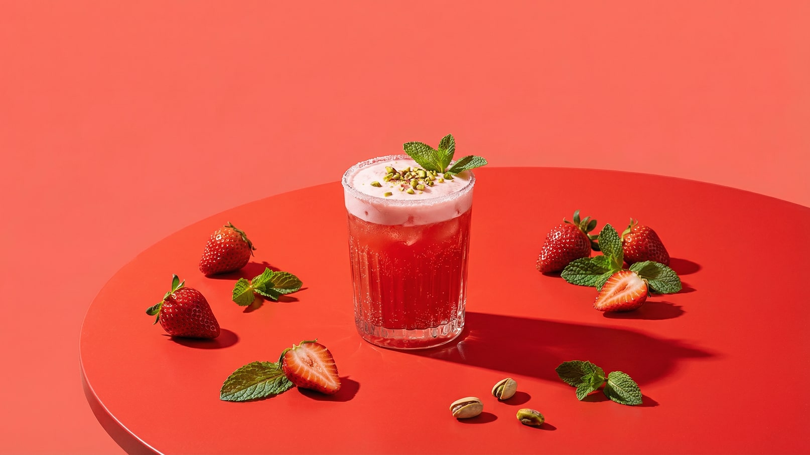 Ein kaltes Getränk in einem Glas mit gezuckerter Oberseite, garniert mit Minze und Pistazien. Um das Glas liegen frische Erdbeeren und Minzblätter auf einem leuchtend roten Tisch. Der Hintergrund ist ebenfalls rot.
