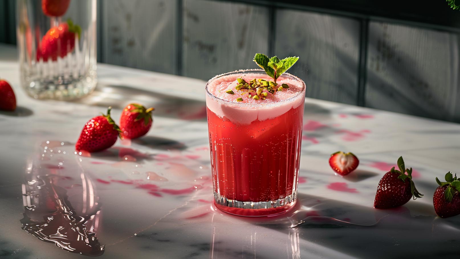 Ein Glas mit einem pinkfarbenen Getränk, dekoriert mit Schlagsahne und einer Minzeblatt, steht auf einem Tisch. Rund um das Glas liegen frische Erdbeeren und einige Tropfen des Getränks auf der Tischoberfläche.