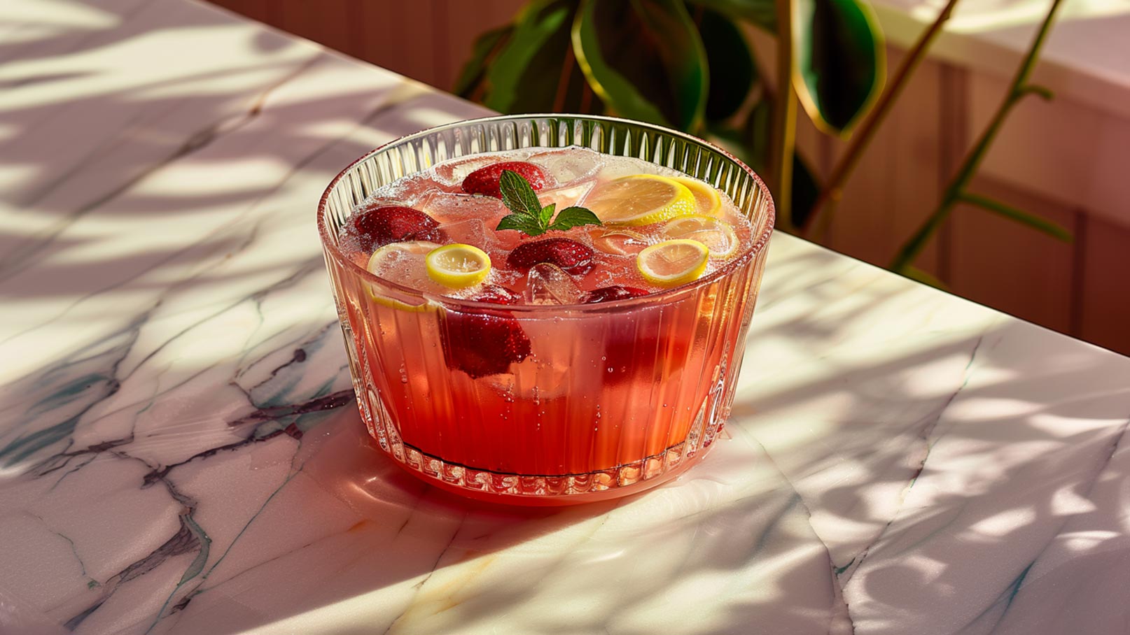 Das Bild zeigt im Mittelpunkt eine Glas-Tasse, gefüllt mit einer erfrischenden Erdbeerbowle, in der saftige Erdbeerstücke schwimmen. Rundherum liegen weitere frische Erdbeeren, die das Aroma der Bowle unterstreichen. Im Hintergrund ist eine Bowle Schüssel zu sehen, gefüllt mit der selbstgemachten Bowle. Die leuchtend roten Erdbeeren und das glänzende Glas verleihen dem Bild eine sommerliche und appetitanregende Atmosphäre. 
